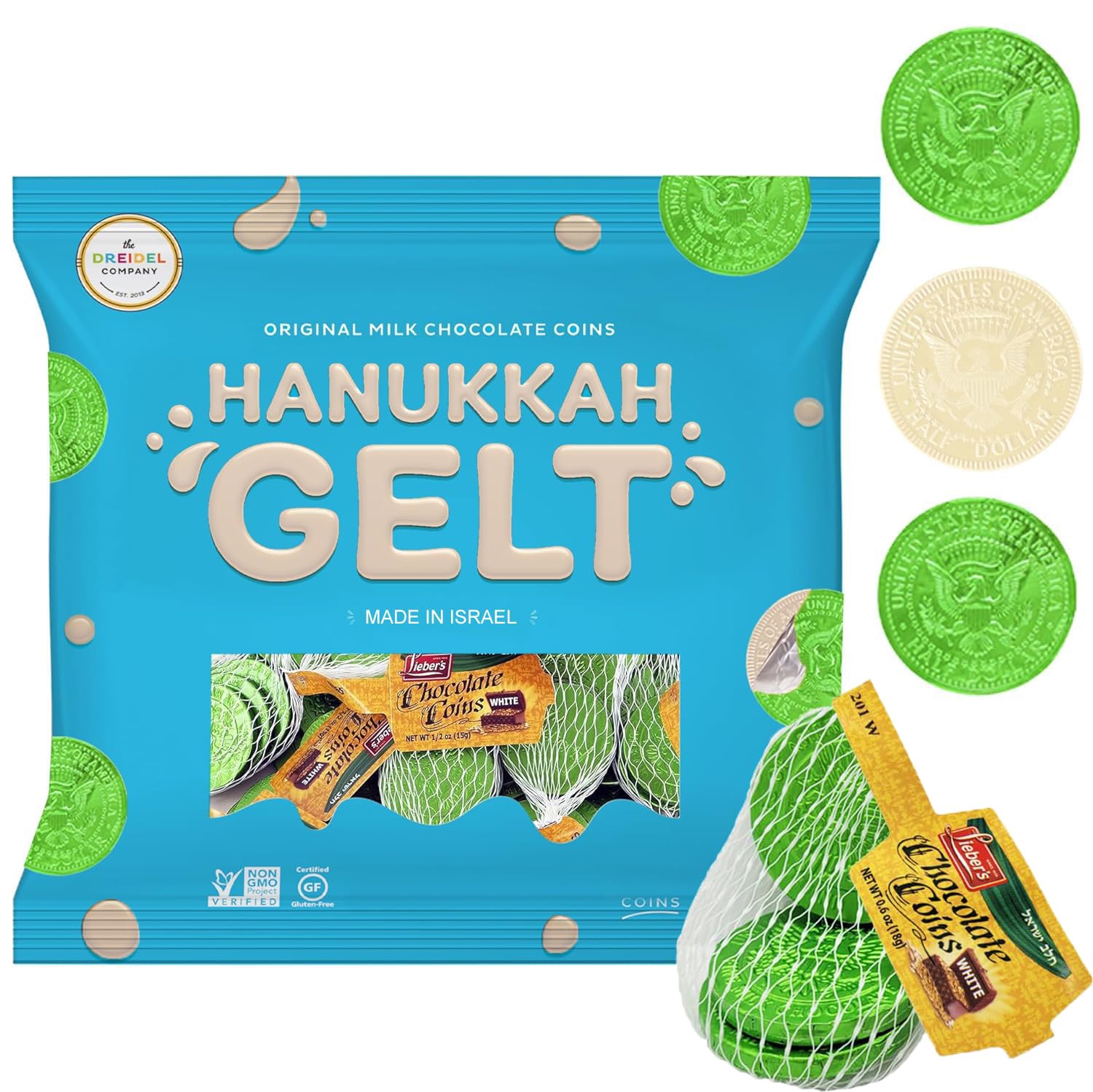 The Dreidel Company Hanukkah White Coins, Chanuka Gelt in Mesh Bags, Made in Israel (12 Mesh Bags)