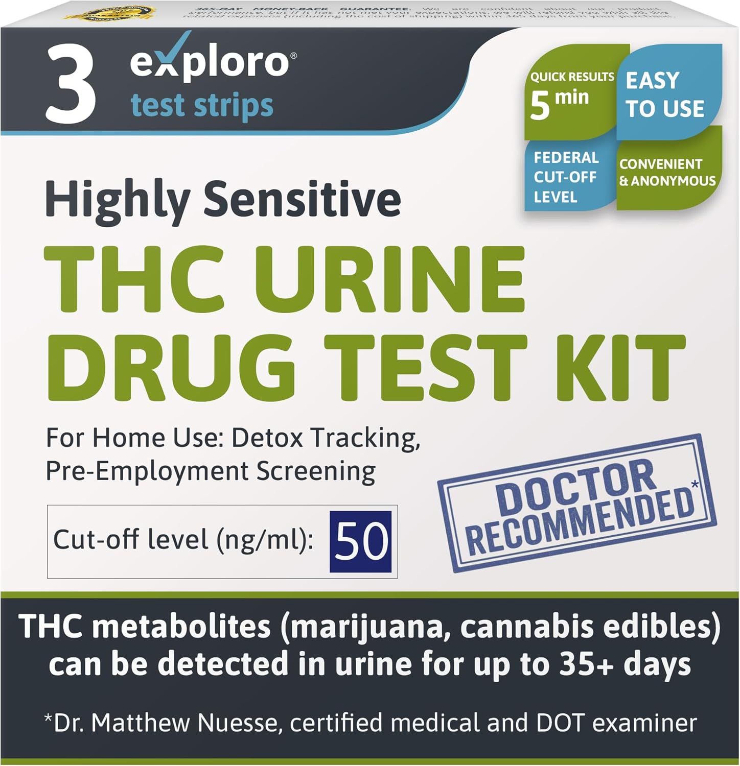 Exploro Highly Sensitive Marijuana Drug Test Kit, THC Drug Test Urine for Marijuana/Weed, Easy Home Drug Test Marijuana, THC Tests for Home for 50 ng/ml, THC Test Strips (Pack of 3)