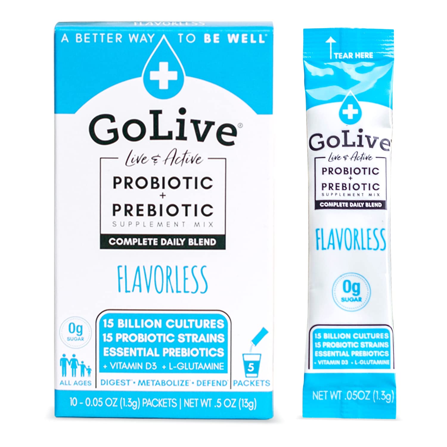 GoLive Probiotics & Prebiotics FLAVORLESS/SUGARLESS Synbiotic Powder, Probiotics + Prebiotics for Women, Men & Kids +15 Billion CFUs, 15 Clinical Strains for Immune & Digestive Health. 5's pack