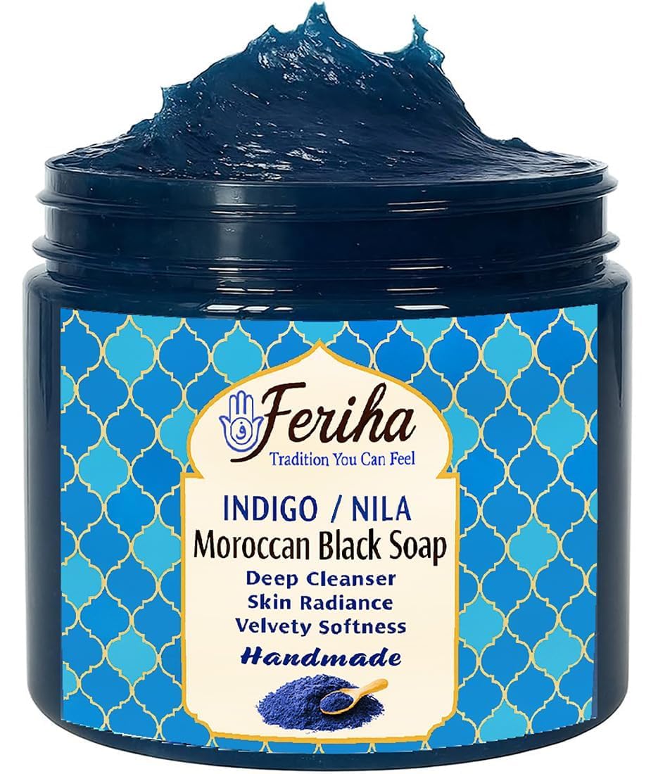 FERIHA Traditional Moroccan Black Soap with Moroccan Indigo (Nila) – Olive-Based Authentic Beldi Hammam Soap for Deep Cleansing & Exfoliation – Crafted in Morocco – 7 oz