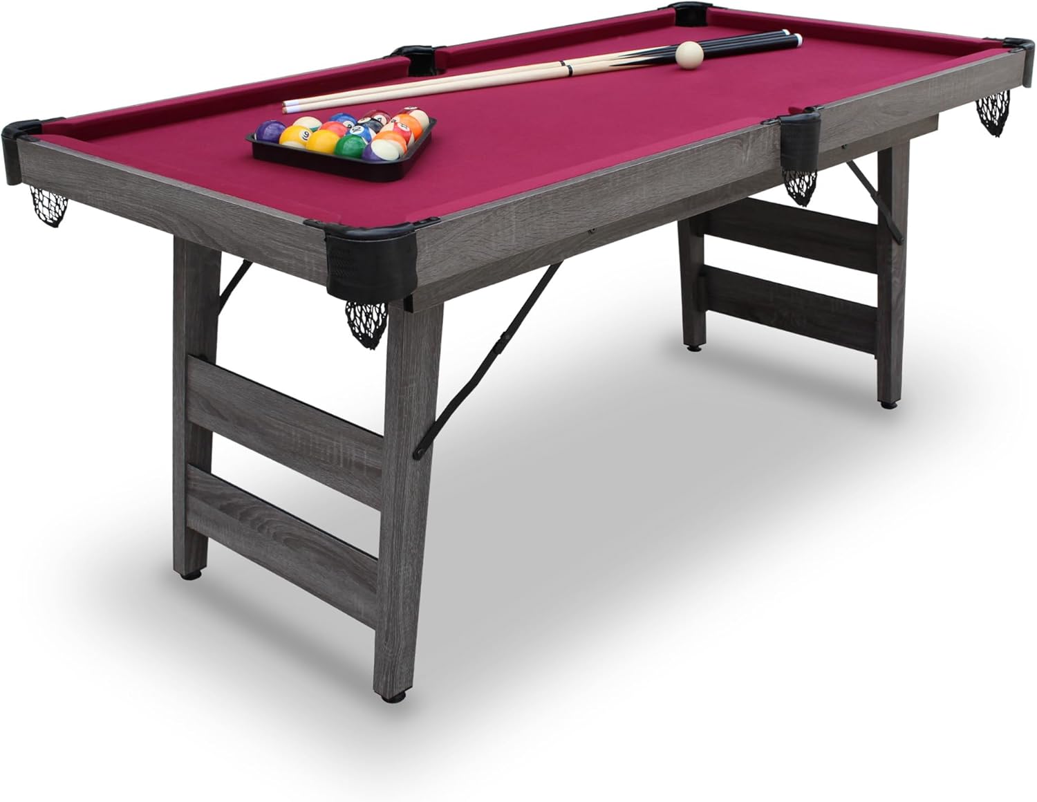 Hathaway Pendleton Portable 6 Foot Pool Table – Space-Saving with Full Set of Billiard Balls, Cues, Chalk and Brush - Foldable Billiard Table with Burgundy Felt, Driftwood Finish