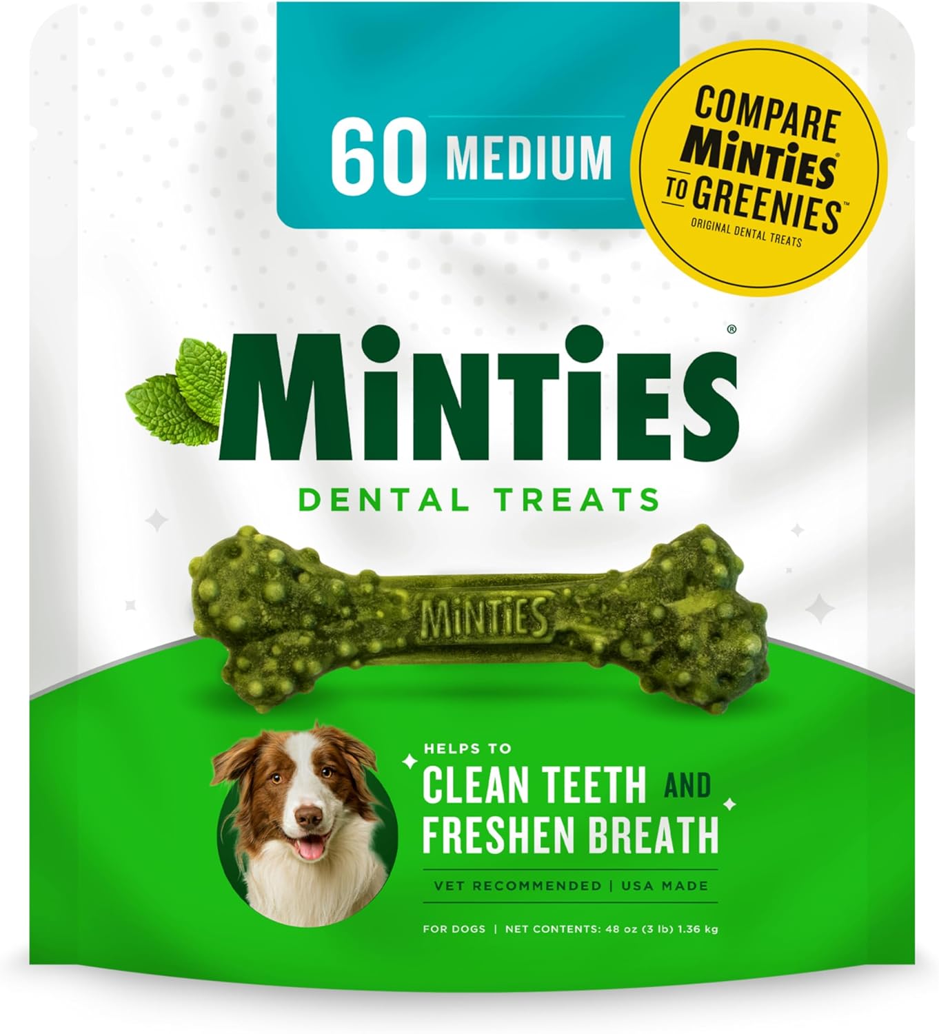 Minties Dental Chews for Dogs, 60 Count, Vet-Recommended Mint-Flavored Treats for Medium Dogs 25-50 lbs, Bones Clean Teeth, Fight Bad Breath, and Removes Plaque and Tartar