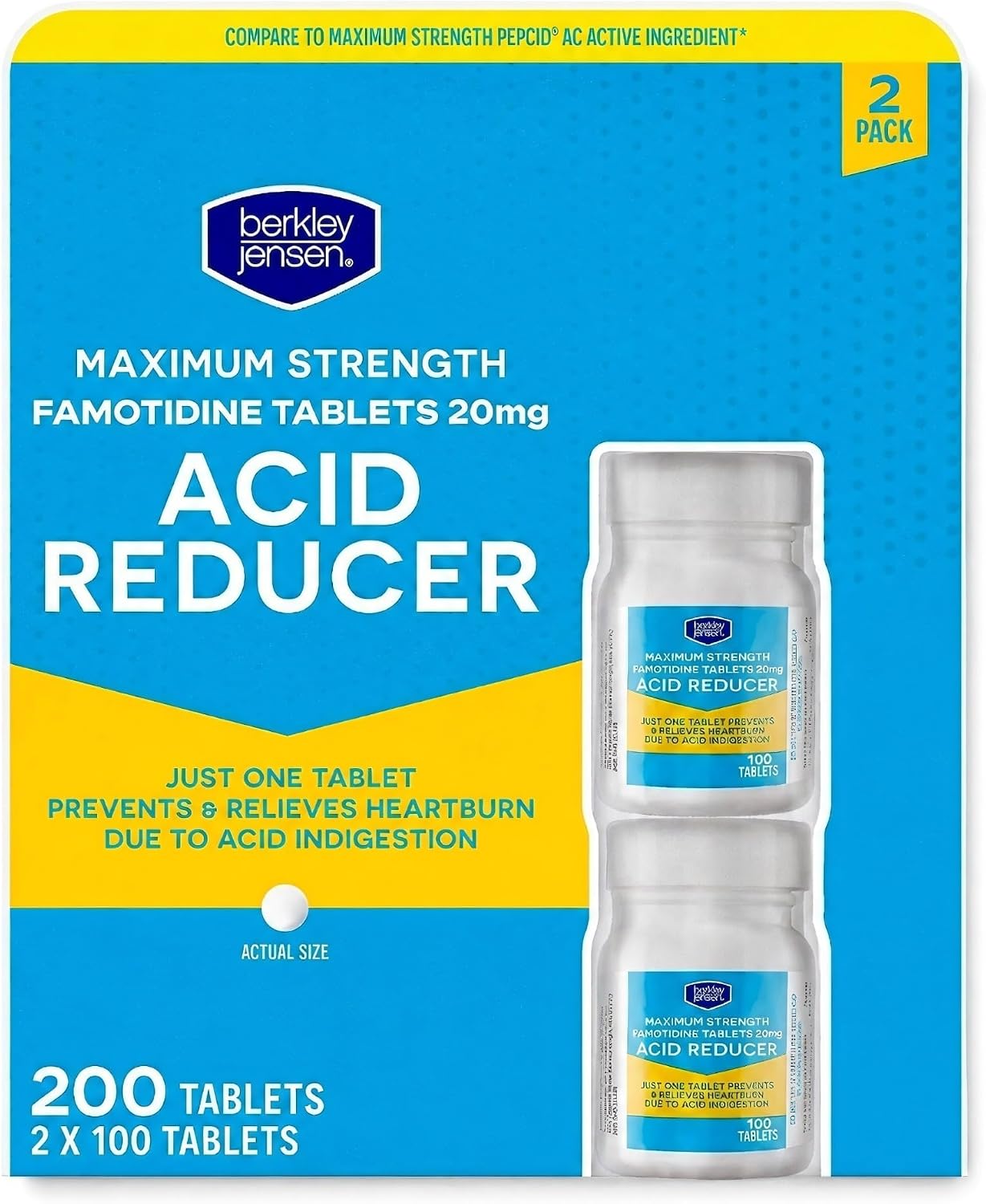 berkley jensen Maximum Strength Famotidine 20 mg, Acid Reducer Tablets, Relieves Meal-Induced Heartburn & Acid Indigestion Symptoms, All-Day Heartburn Prevention & Relief, 100 Count (Pack of 2)
