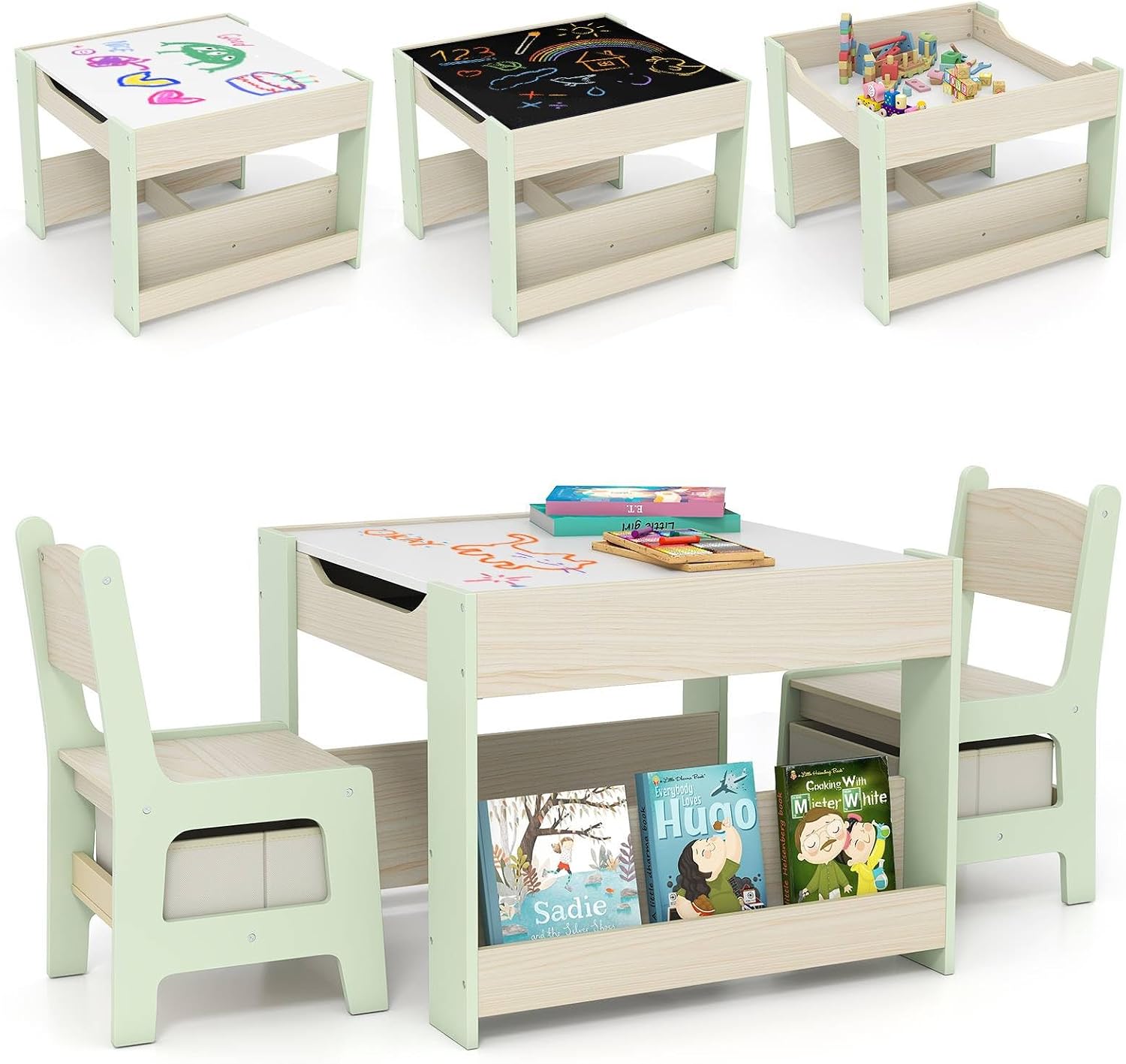 GYMAX Kids Table and Chairs Set, 4 in 1 Children Activity Desk with 2 Chairs, Reversible Tabletop, Bookshelves and Storage Bins, Wooden Toddler Table Set for Boys Girls (Green+Natural, 61x61x48cm)