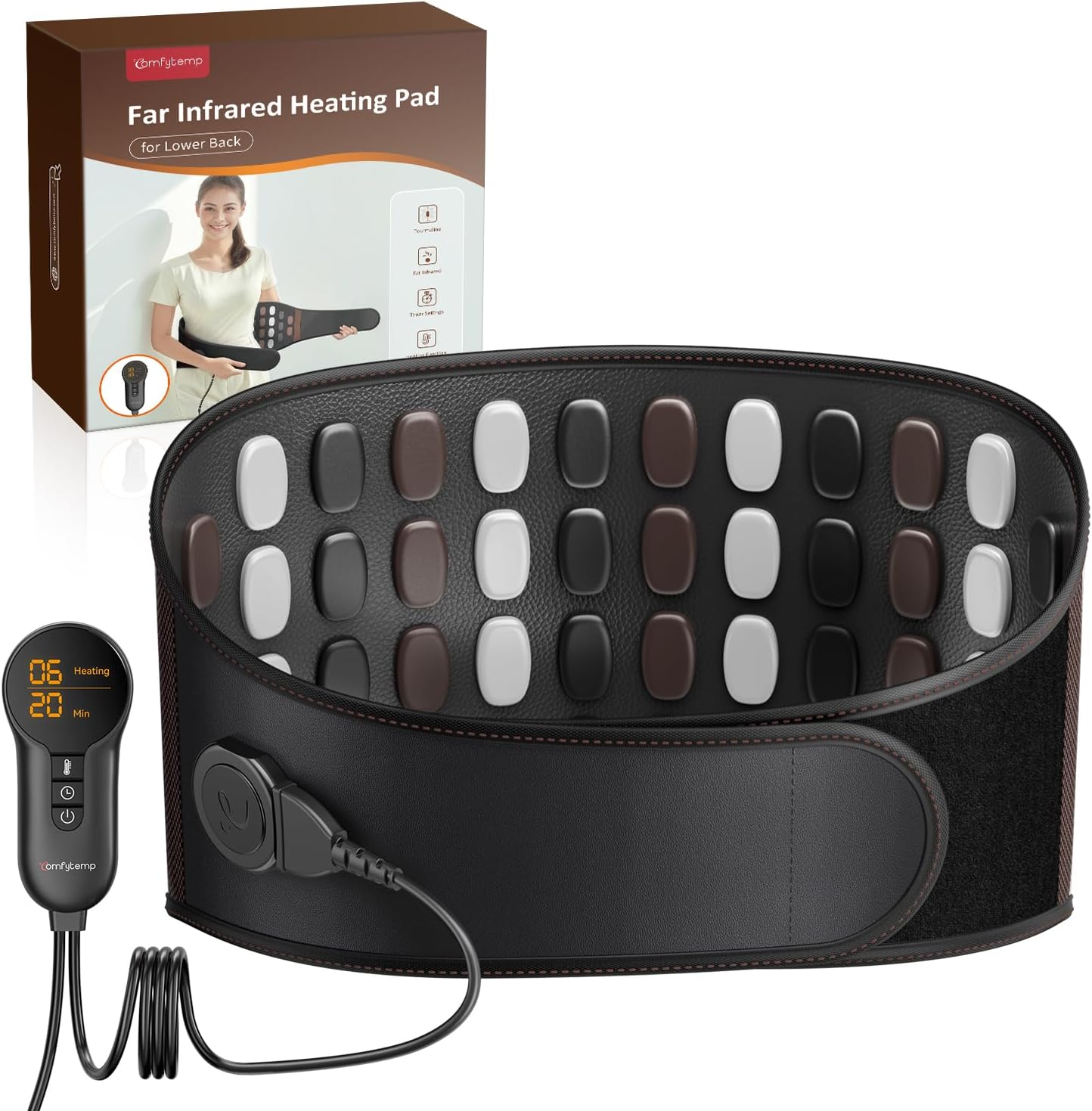 Comfytemp Far Infrared Back Heating Pad for Muscle Pain Relief, 50 Tourmaline Electric Wearable Heating Pad for Lower Back Abdomen Cramps, 6 Heat, 8 Timers, Birthday Gifts for Mom Dad