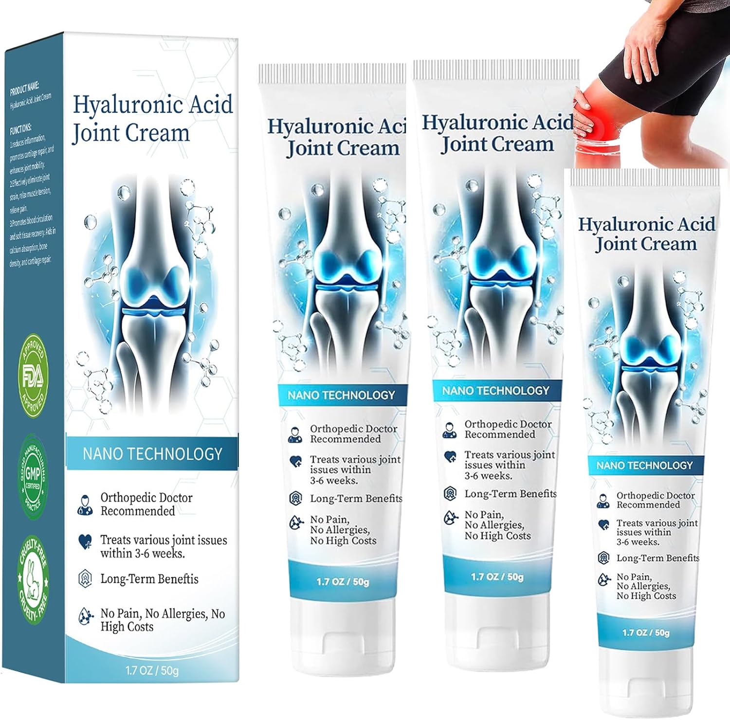 A-rthroheal Hyaluronic Acid Joint Cream,3PCS Advanced Joint and Bone Care Cream,Back & Muscle Gel,Easy to Absorb & Quickly Effect,Shoulder & Knee & Arm &Leg,Natural for Women & Men