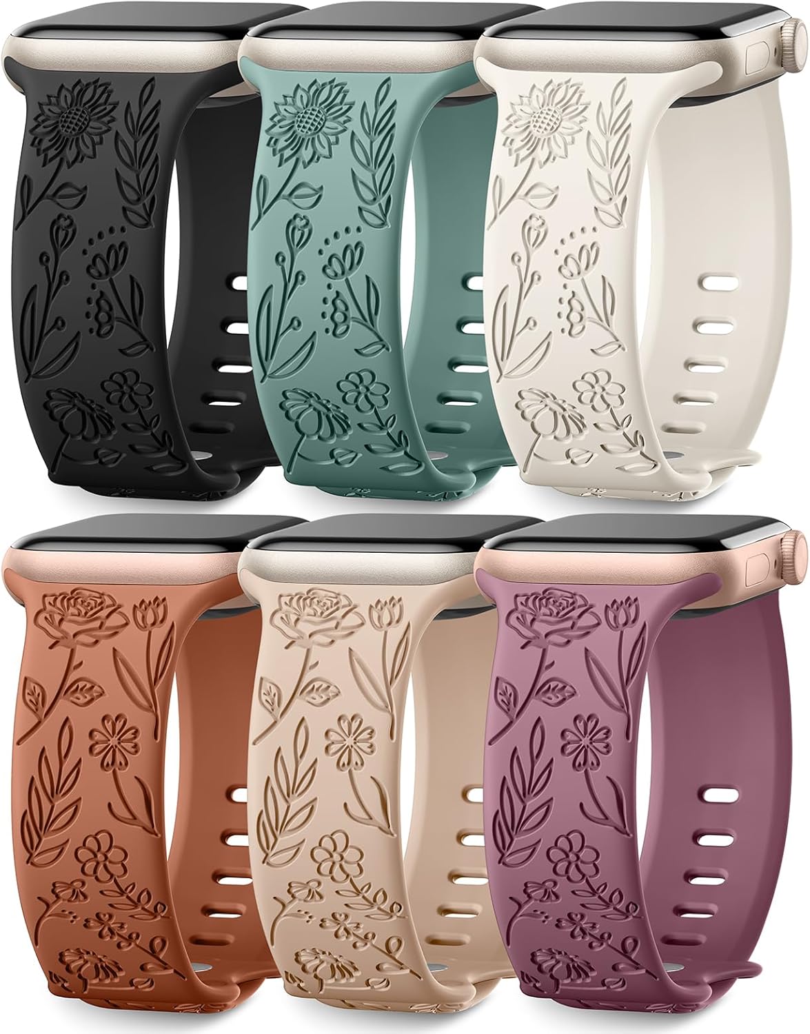 SNBLK 6 Pack Floral Engraved Bands Compatible with Apple Watch Bands for Women & Men, Soft Silicone Cute Flower Pattern Sport Strap for iWatch Series 1-10, Ultra, SE