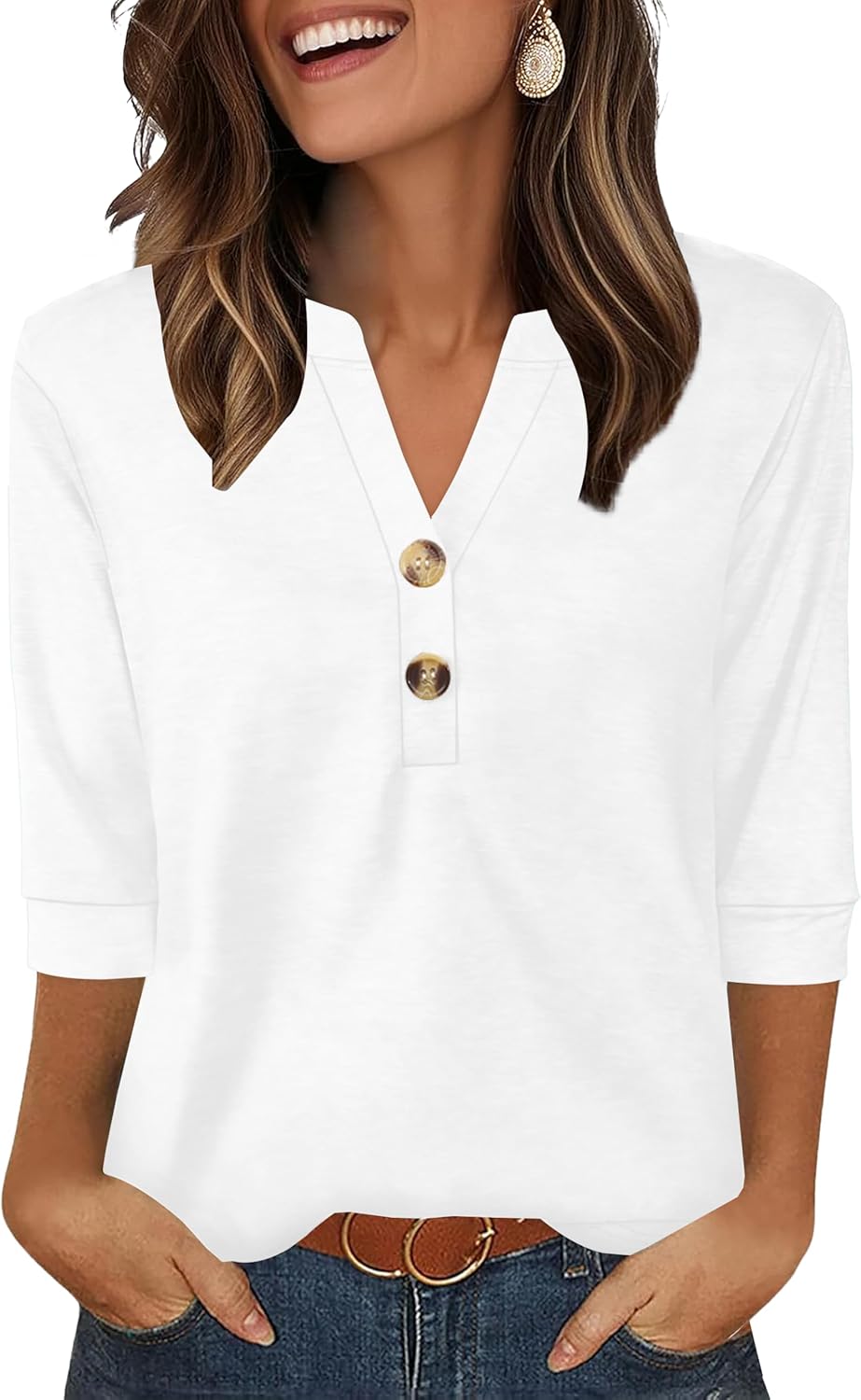 Aokosor Womens 3/4 Sleeve Tops Ladies Blouse V Neck Tunic Long Sleeve T Shirts Curved Hem Office Wear