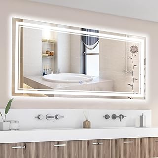 SaniteModar Bathroom Mirror with Lights 60x28 in, Led Mirror for Bathroom, Led Bathroom Mirror, 3 Color Dimmable, Anti Fog, Touch Button, CRI90+, Horizontal/Vertical