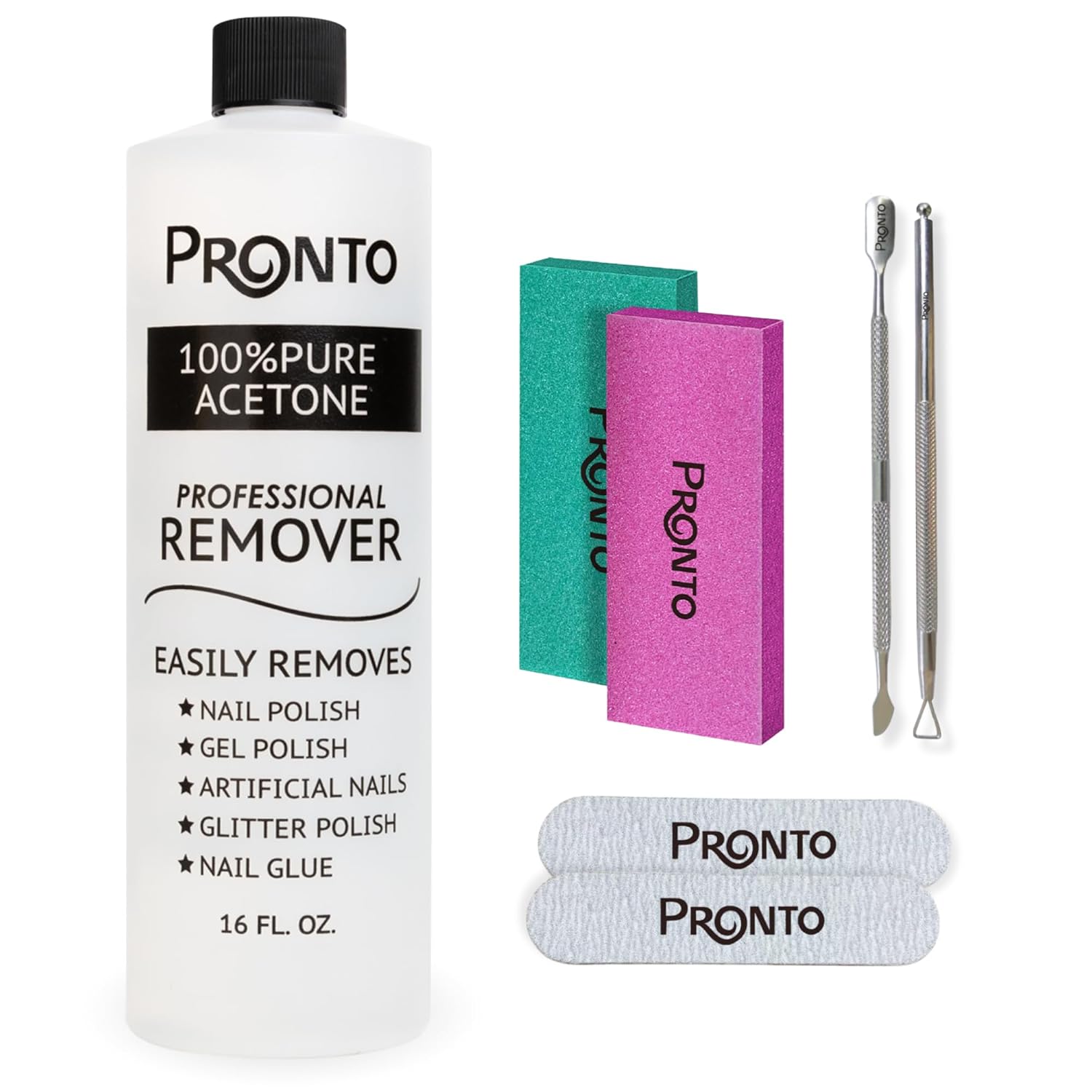Pronto Pure Acetone 16 oz Nail Polish Remover Gel NailKit, Acrylic Nail Kit Including Cuticle pusher, Nail File, Nail Buffer, and Nail scraper- Ideal For Gel Nail Polish & Dip Powder Removal