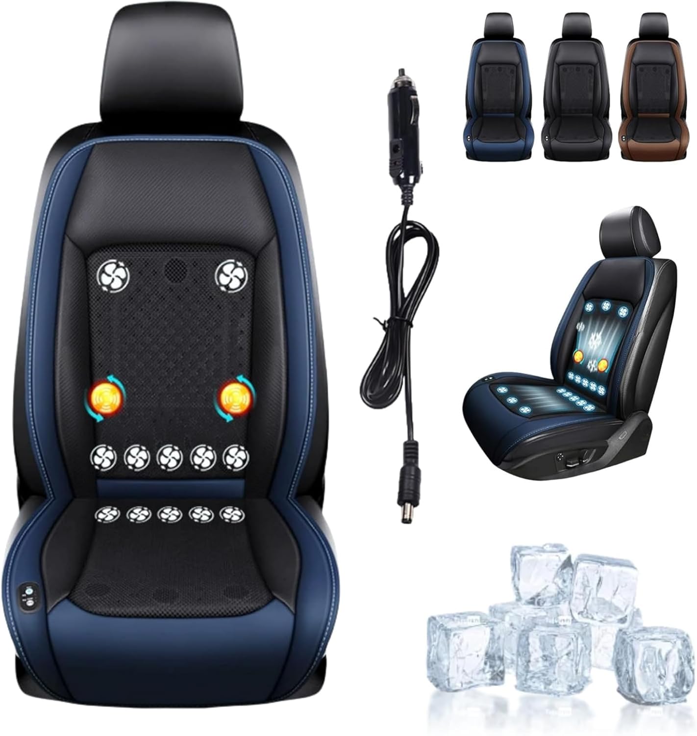 YIHANGG Car Cooling Cushion,Car Seat Cooling Pad with Massage,IcySeat with Fans Powered by 12v Cars&24v Truck,Adjustable Summer Coolings Cars Seats Cover(24V - Cigarette Lighter Socket,Blue(12 Fans))