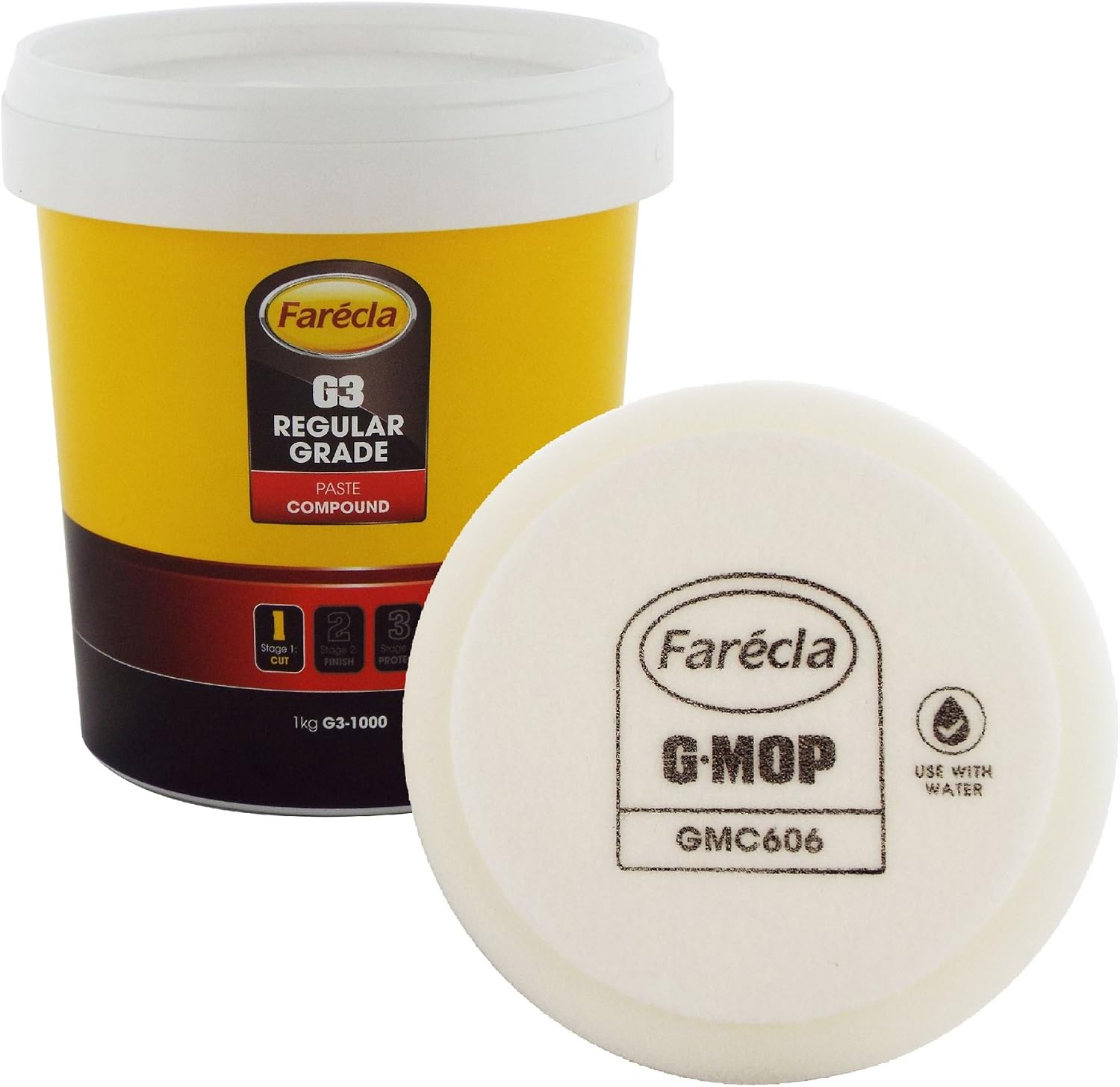 Farecla G3 Rubbing Compound Regular Cutting Paste 1kg 1000g Tub Car Polishing Scratch Swirl Remover Colour Restorer Permanent Finish + Farecla GMC606 6" GMop Wet Use Compounding Foam