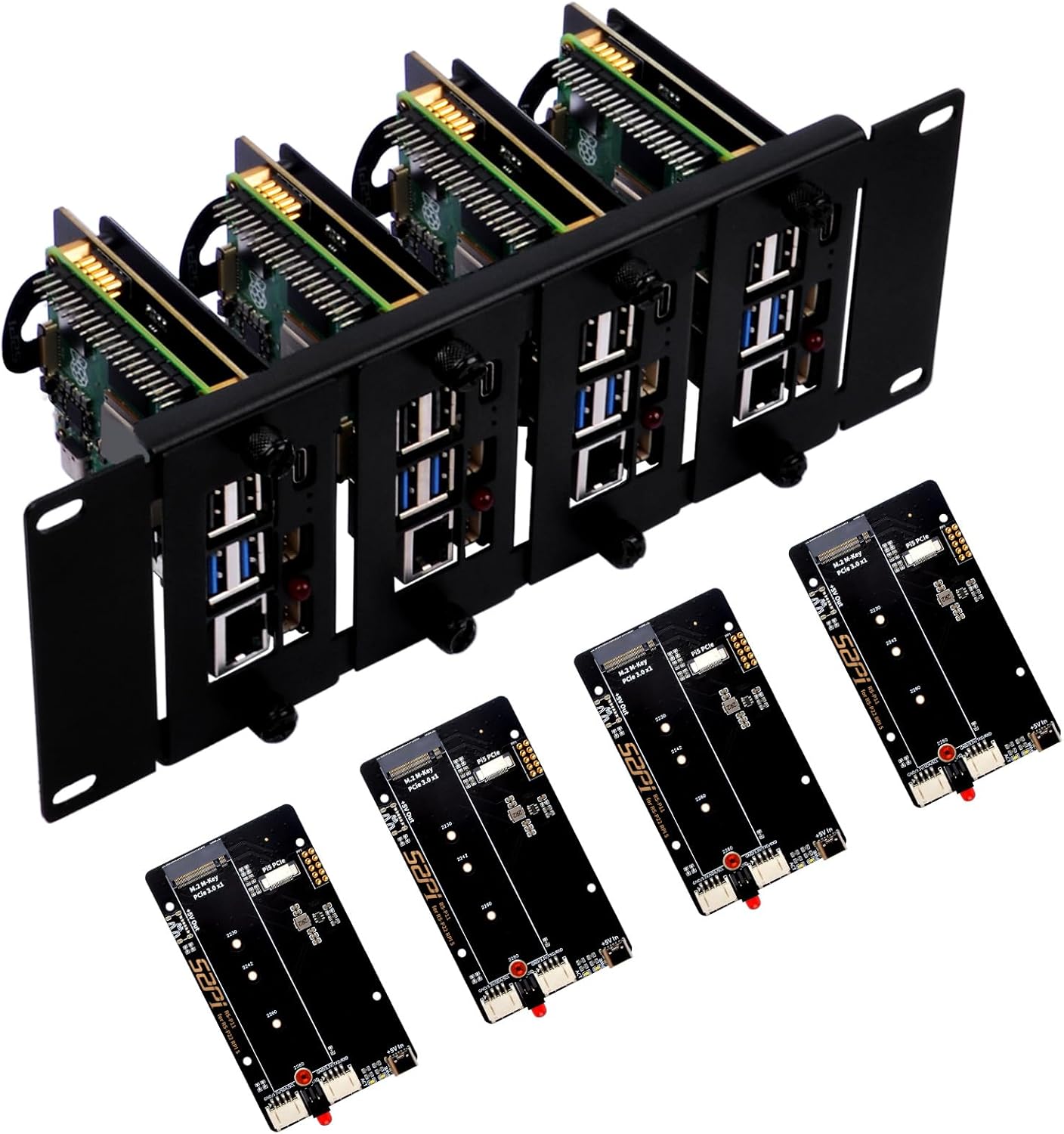 GeeekPi 10-inch 2U Rack Mount for Raspberry Pi 5, with 4PCS PCIe to M.2 NVMe SSD Adapters, compatible with DeskPi RackMate T1/T0/T2/T0 Plus/T1 Plus/TL1 & 10-inch Mini Server Rack