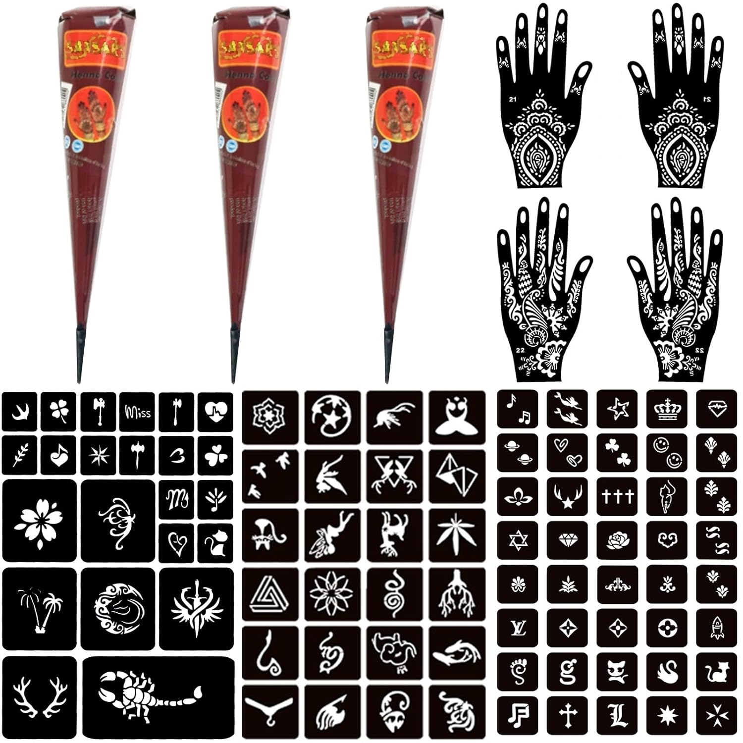 Moricher Temporary Tattoo Kits 3 Henna tattoo cones 101 Stencils Semi Permanent Tattoo Markers Jagua Gel for Women Men Kids DIY Art Painting Party Gifts