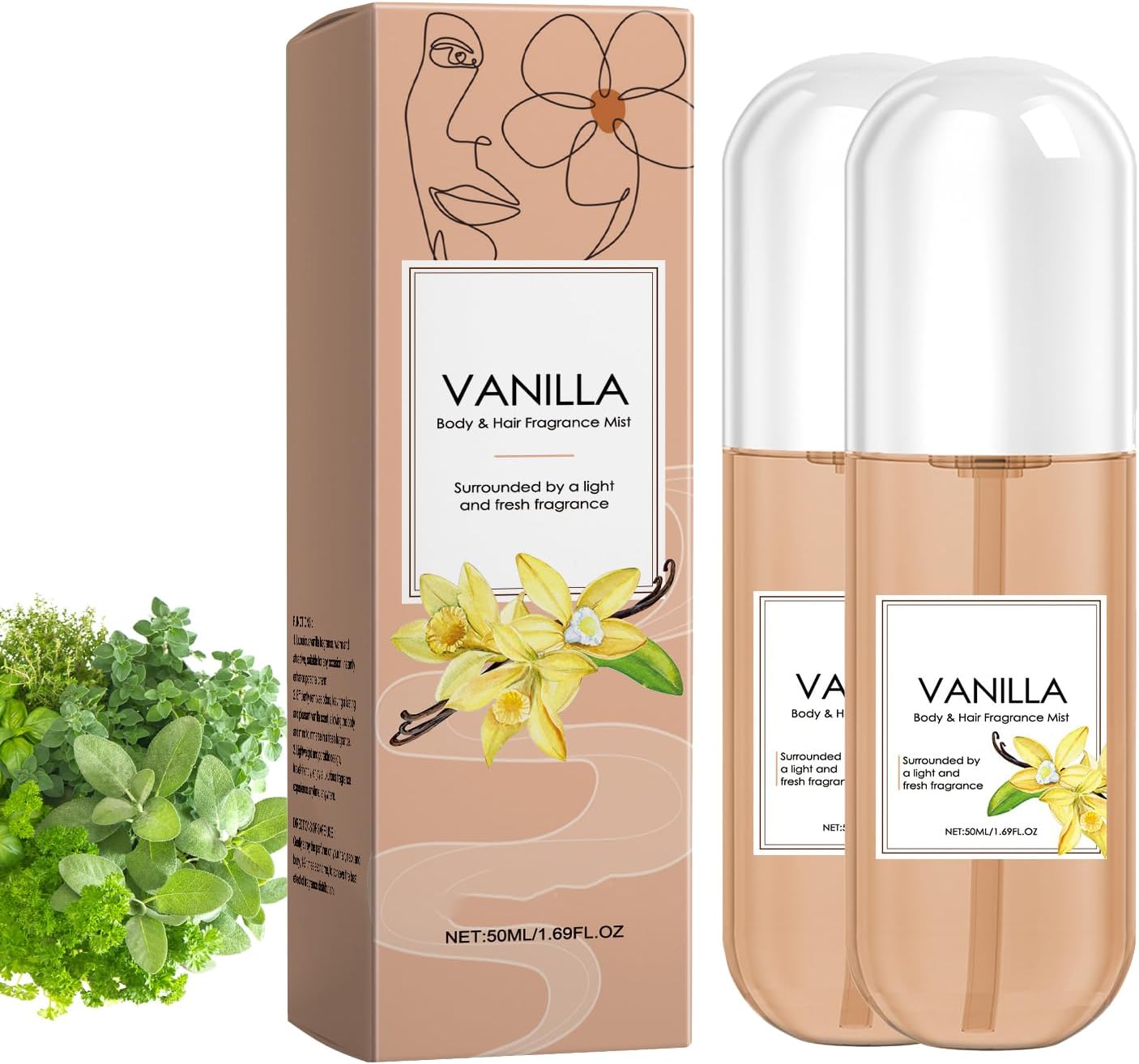 Vanilla Perfume with Vanilla Extract, Vanilla Coconut Perfume, Hair and Body Perfume Spray, Gentle and Natural, Elegant, Long-Lasting, Perfume for Women, 50 ml (2 Pieces)