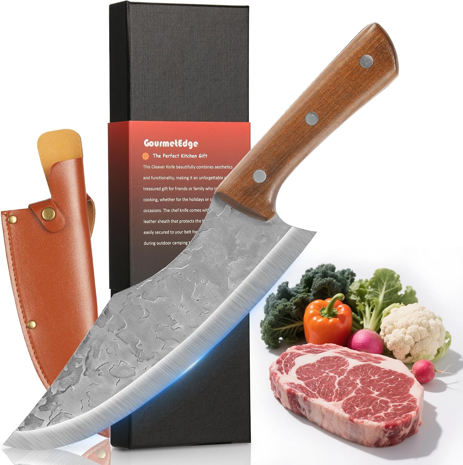 Chef Knife, 7 inch Japanese Steel Sharp Kitchen Knife with Sheath, Hand Forged Butcher Knife for Meat Cutting, Multipurpose Meat Vegetable Cooking Knife, Cleaver Knive for Home, Camping, BBQ, Silver