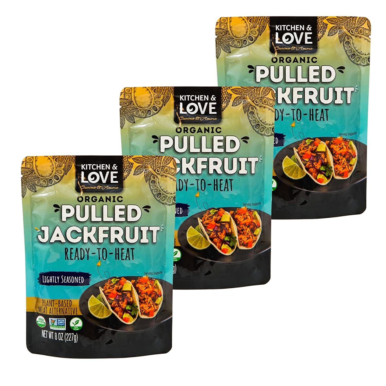 Kitchen and Love, Jackfruit Lightly Seasoned, Organic, Fully Cooked, Versatile Plant Based Meat Alternative, Gluten Free, 90 seconds, High in Fiber, Non GMO Verified, Kosher, Vegan, 8 Oz (Pack of 3)