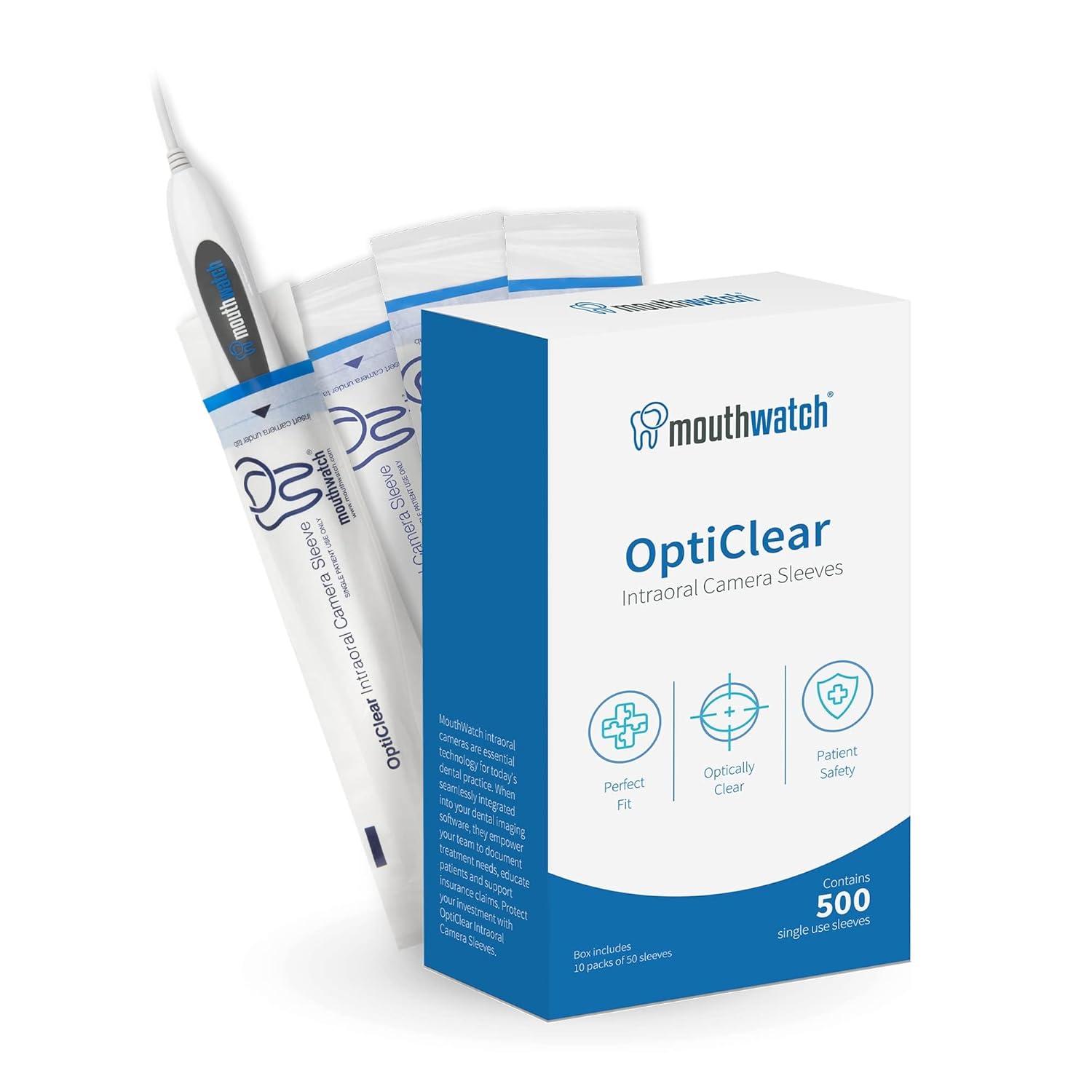 OptiClear™ Camera Sleeves, Snug, Optically Clear Camera Sheath for Mouthwatch Cameras, Camera Dental Wrap 500 Pieces - (10 Packs of 50 Sleeves)
