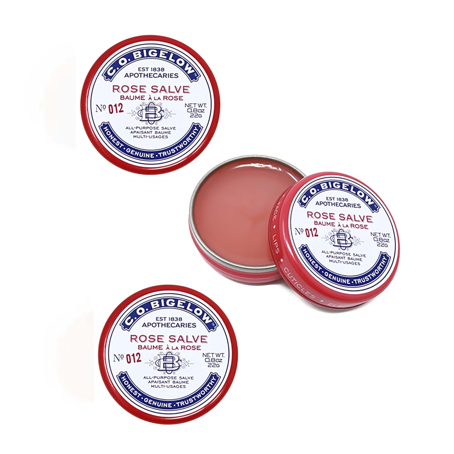 C.O. Bigelow All Purpose Salve Lip Balm Tins, Rose Salve Pack of 3 for Chapped Lips & Dry Skin - Moisturizing Lip, Cuticle 0.8 oz each
