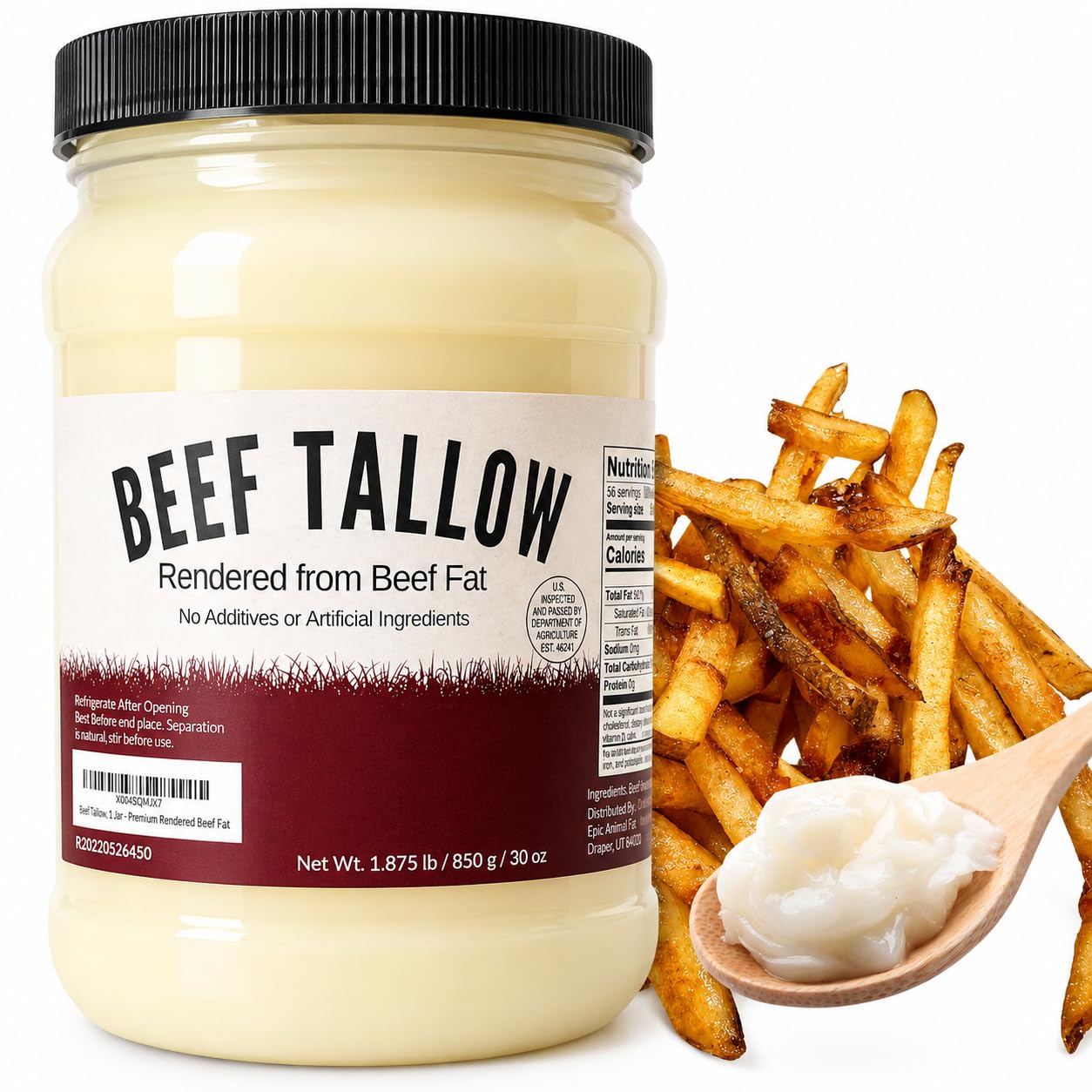 Beef Tallow 30oz, Rendered Fat Shelf Stable for Cooking, Keto High Fat | Beef fat for high heat cooking, frying, searing, roasting, baking, meal prep favorite, home kitchen essential, cast iron
