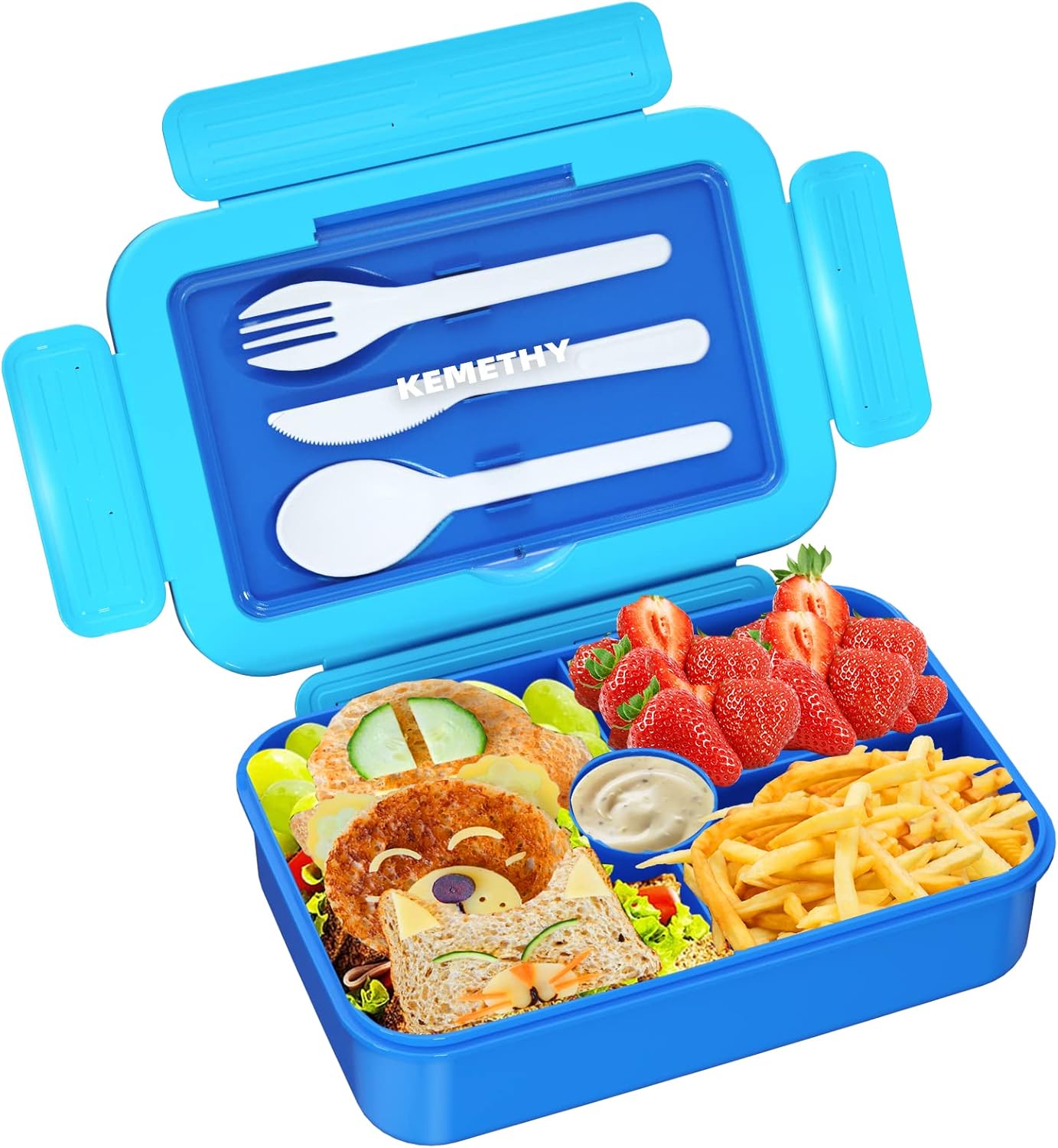 Bento Lunch Box for Kids, 4 Compartment Lunch Boxes Kids, Cutlery Storage Built-in Utensil Set, Leak-proof, Thicken, Microwave/Dishwasher/Freezer Safe, BPA-Free, Blue