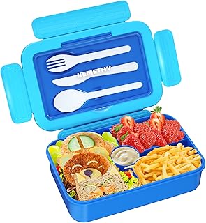 Bento Lunch Box for Kids, 4 Compartment Lunch Boxes Kids, Cutlery Storage Built-in Utensil Set, Leak-proof, Thicken, Microwave/Dishwasher/Freezer Safe, BPA-Free, Blue