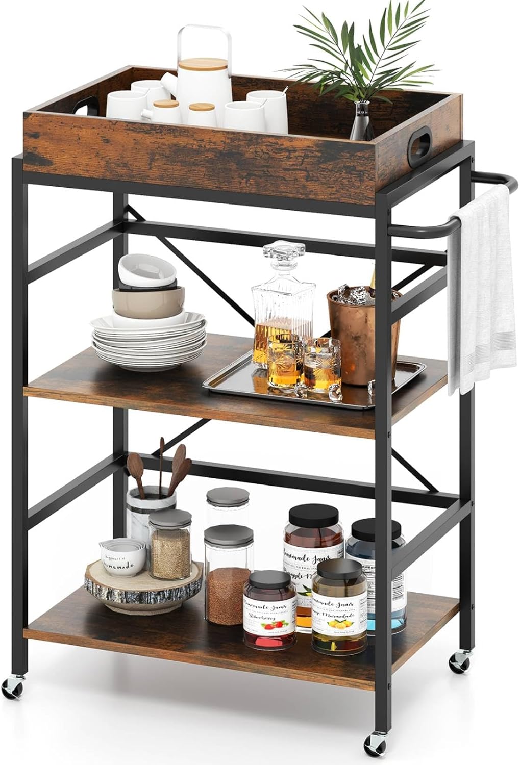 COSTWAY Mobile Kitchen Serving Trolley with Removable Tray and Glass Holder, 3-Tier Bar Storage Cart on Lockable Wheels, Restaurant Dining Room Drinks Trolley (without Glass Holder,73x40x93cm)