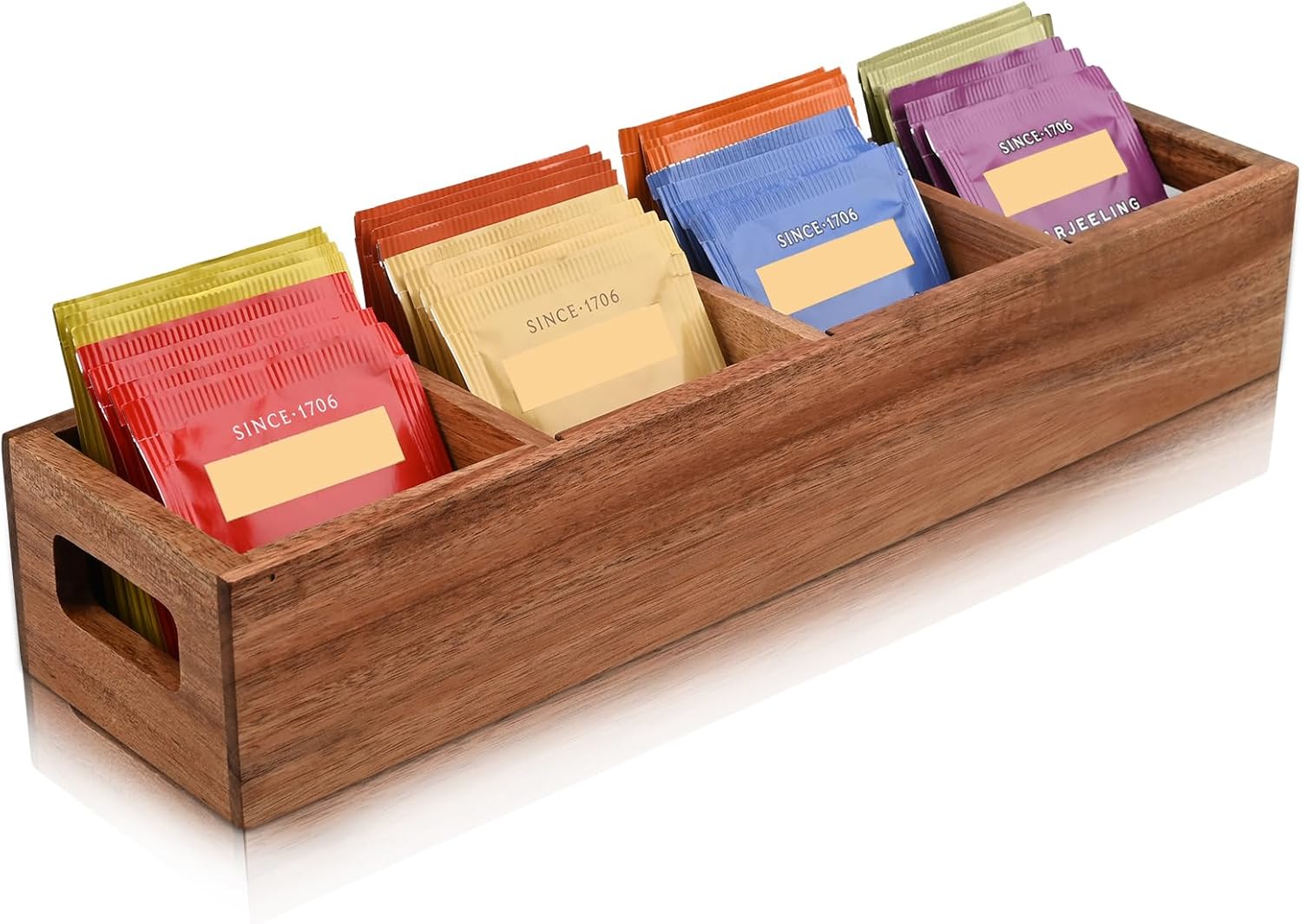 Acacia Wood Tea Bag Organizer with 4 Slots – Tea Bag Holder and Tea Organizer, Sugar Packet Storage for Countertops