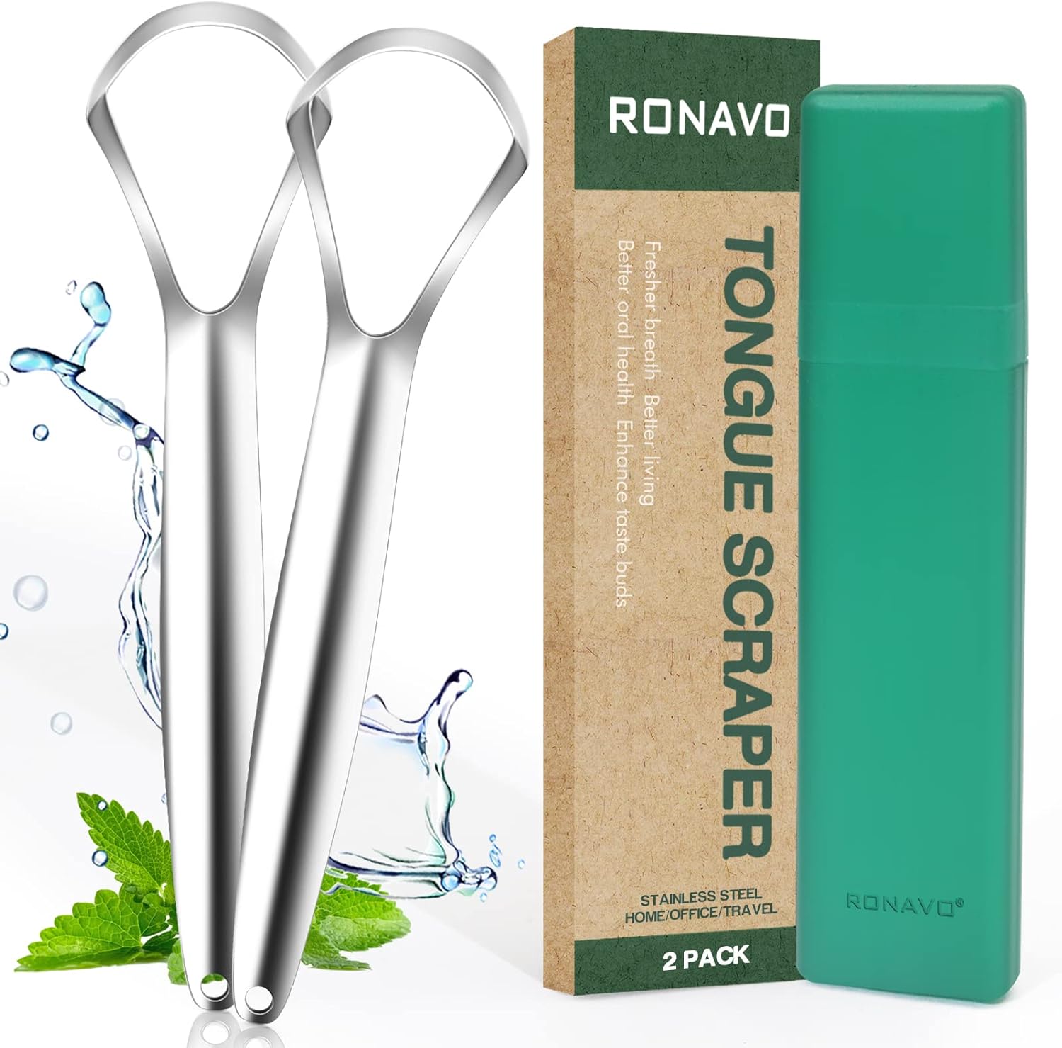RONAVO Tongue Scraper for Adults, 2 Pack Tongue Scrapers for Oral Hygiene and Fresh Breath, Stainless Steel Tongue Cleaner with Case, Dentist Approved, Easy to Use and Clean