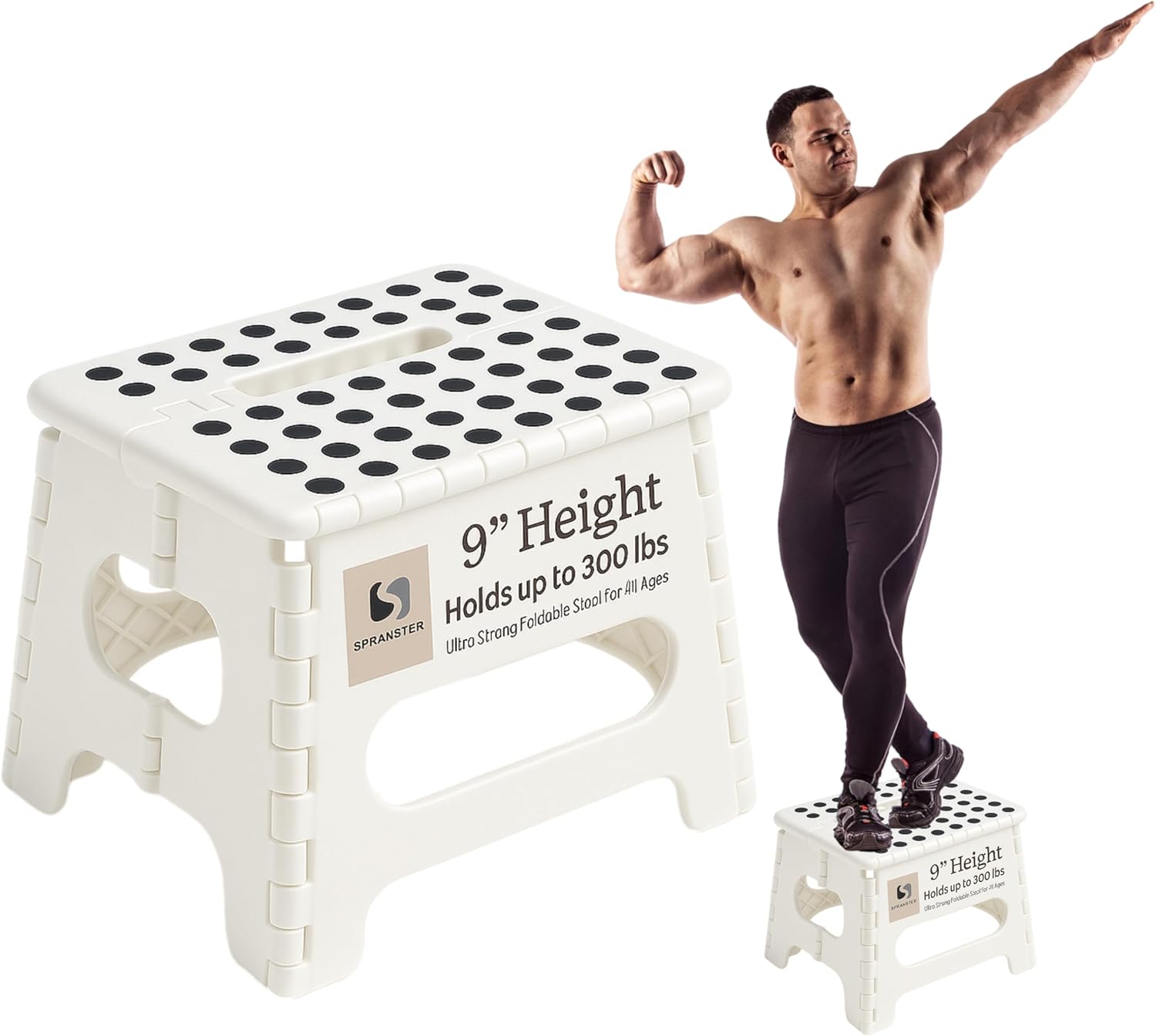 Spranster Folding Step Stool 9" – White Non-Slip Plastic Stool for Adults and Kids – Lightweight & Portable – Ideal for Kitchen, Bathroom, Home Use