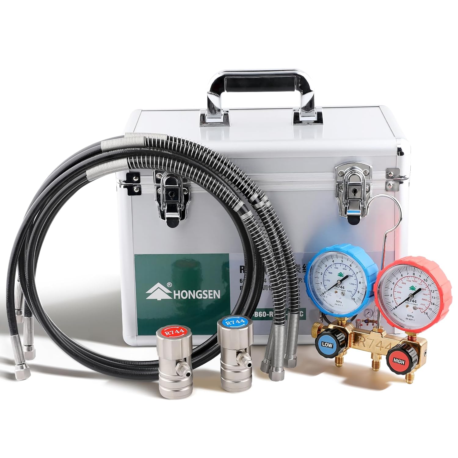 Hong SEN R744 CO2 High Pressure Manifold Gauge Set, 0–1400 PSI Low and 0–2400 PSI High, 80 mm Gauges, 60 inch Hoses, Aluminum Case, Includes 2 CO2 Adapters