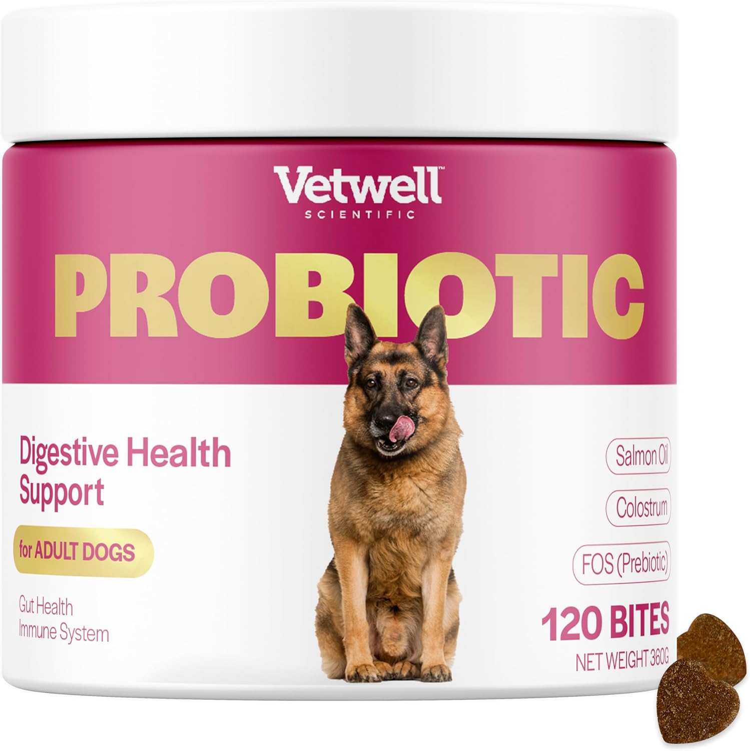 Vetwell Probiotics for Dogs - 120 Chews, Digestive Care with Dog Probiotics Enterococcus Faecium, Colostrum from Bovine, Prebiotic Chicory Inulin, Liver Flavour Dog Probiotic Supplements