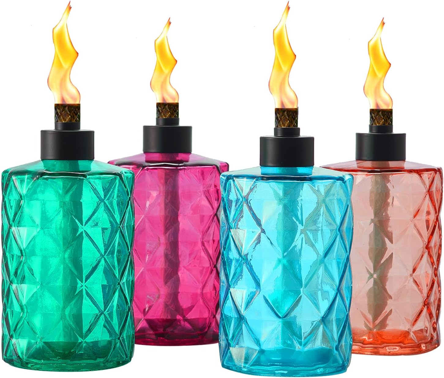 4 Pack Glass Table Top Torches Tesrago, Citronella Torches for Outside, with Wick and Cap, Refillable Flame Light Torch, Decorative Tabletop Lantern for Yard, Patio,Deck,Garden,Outdoor Party,Landscape