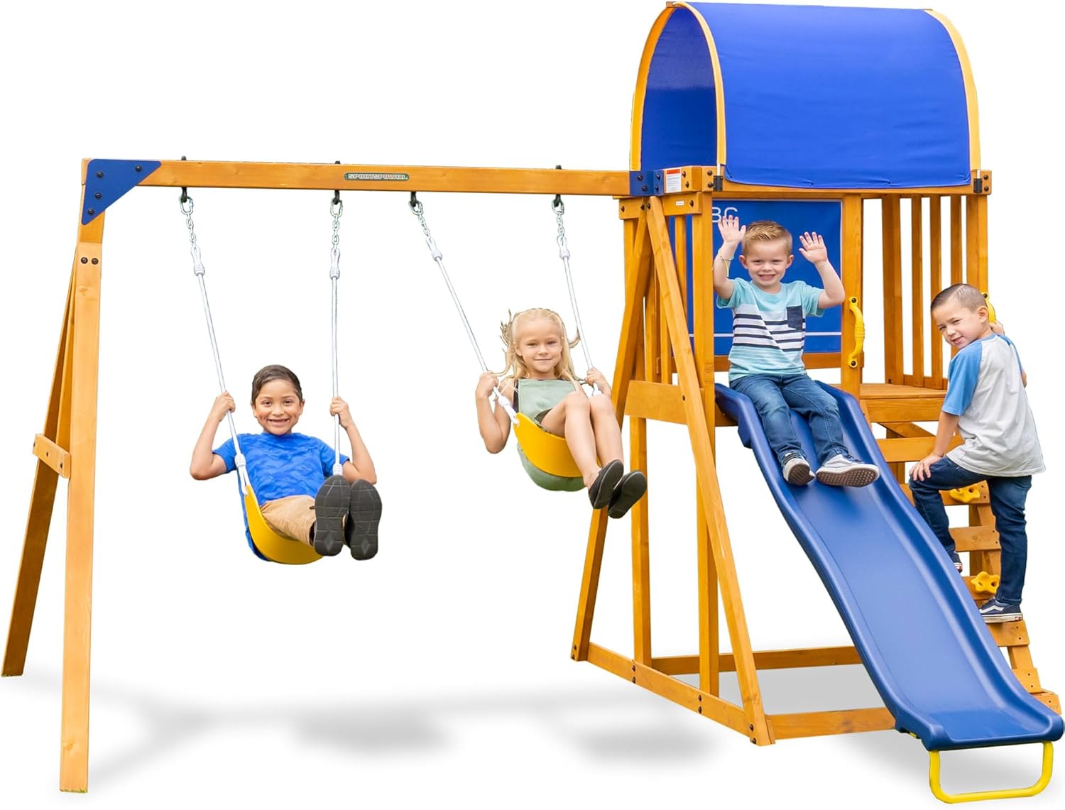 Sportspower Augusta Wooden Swing Set with Heavy Duty A-Frame & 6ft Double Wall Slide, Bonus Anchor Kit Included