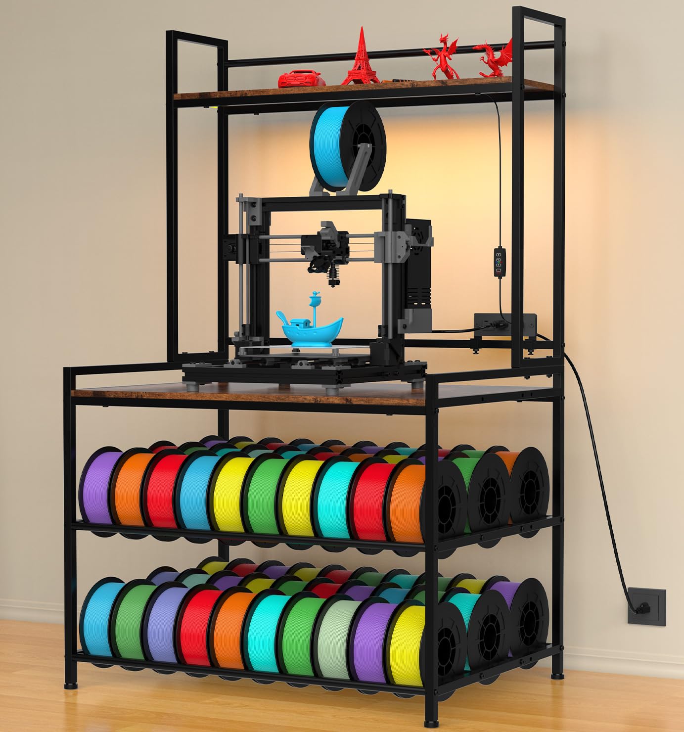 3D Printer Stand with Filament Storage, Large 3D Printer Table with LED Light and Display Shelf Rack, Heavy Duty Printer Desk Filament Storage Rack for Workshop Offices and Studios(Black)