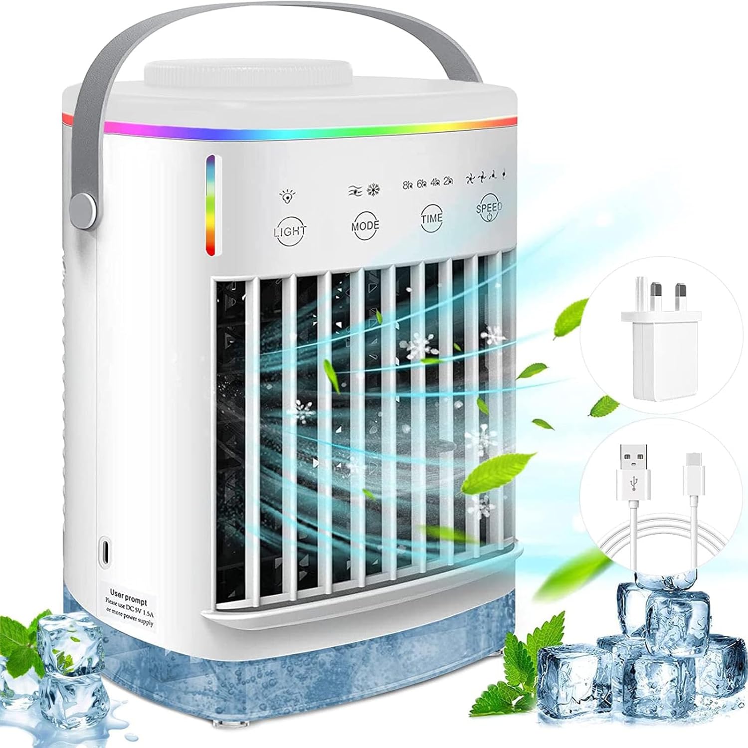 Portable Air Cooler, Mini Mobile Air Conditioner, Personal Evaporative Air Cooler, Timed function & 7 LED Lights, Air Coolers for Home, Office, Bedroom