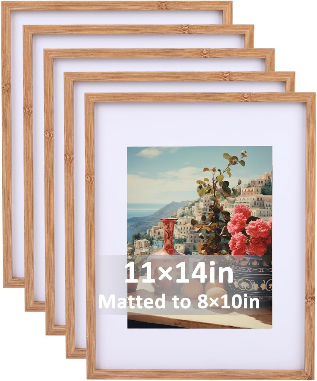 11X14in High Edge Photo Frames Set of 5,Display Pictures 8x10in with Mat or 11x14in Without Mat,Picture Frame with Walnut Bamboo Grain for Wall Mounting or Table Top Display