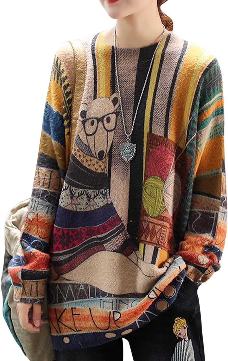 YESNO Women Long Sleeve Jumpers Oversized Graphic Knitted Sweater Crew Neck Loose Vintage Pullover Sweater Tops S01UK