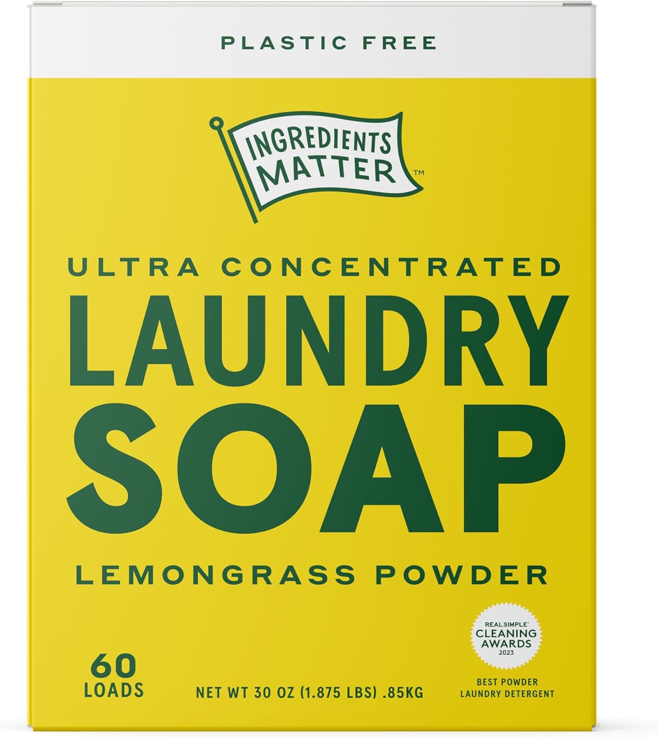 Ingredients Matter Powder Laundry Soap - Lemongrass Scent, Hypoallergenic Detergent, Natural & Eco-Friendly, Plastic Free, Made in USA, Natural Essential Oils & Dermatologist Tested - 30 oz, 60 Loads