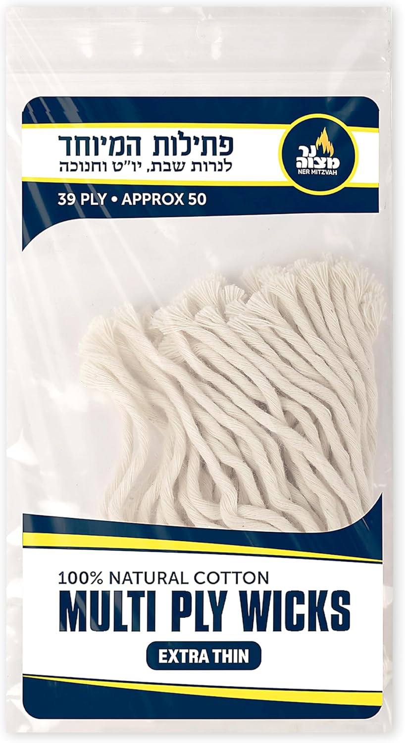 Ner Mitzvah Natural Smokeless Cotton Wicks – 50 Count (Approx.) 39 Ply Thin for Oil Cup Candle – Replacement Wicks