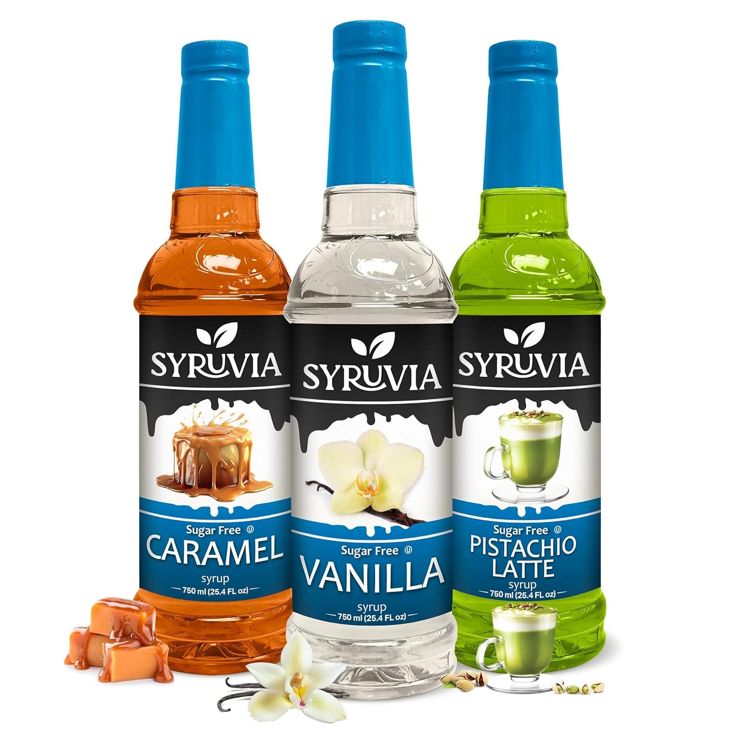 Syruvia Sugar Free Vanilla, Caramel & Pistachio Latte Syrup - 25.4 fl oz. Premium Coffee Flavoring Syrup. 0 Calories. Ideal for Drinks, Shakes, Desserts, and More.