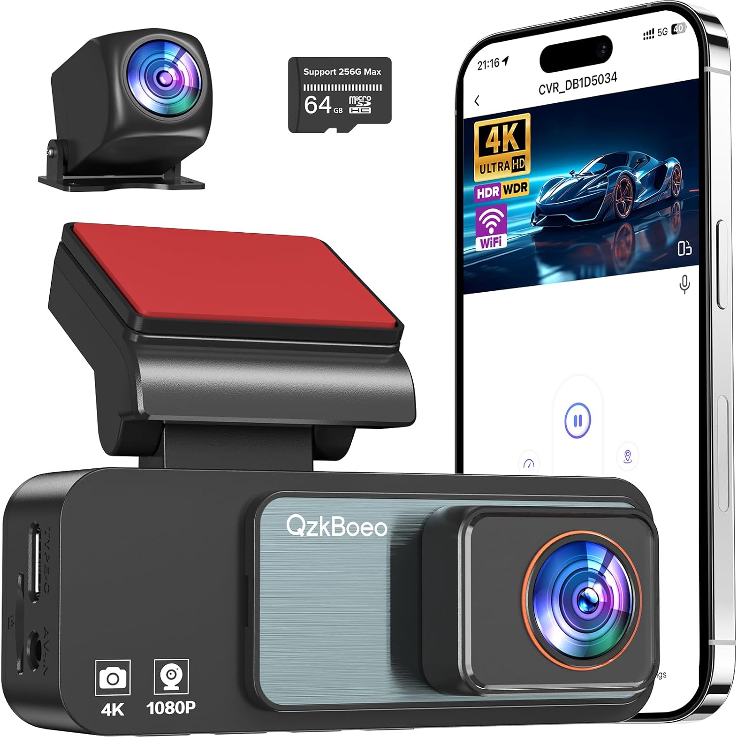 Dashcam Front and Rear Camera, 2025 4k Dash Cam, WDR Night Vision, 64GB Card Included, Wi-Fi, G-Sensor, 24H Parking Monitor, Loop Recording, for iOS/Android (3.2“ Screen)