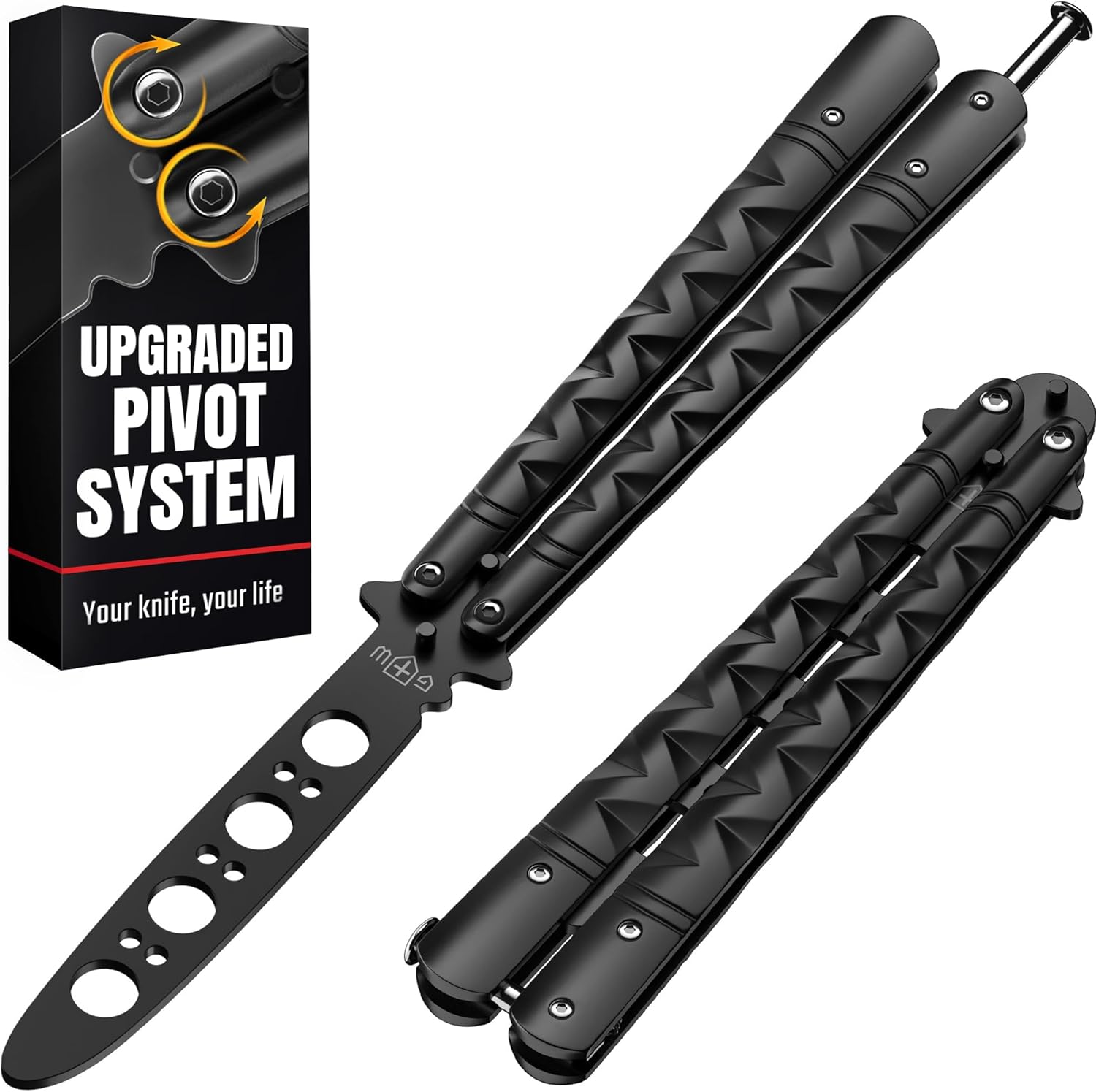 GOOD WORKER Butterfly Knife - Balisong Trainer - Black Practice Butterfly Trainer with Sure Spring Latch - Balisong Knives NOT Real NOT Sharp Blade - Full Stainless Steel Fake Dull Trick