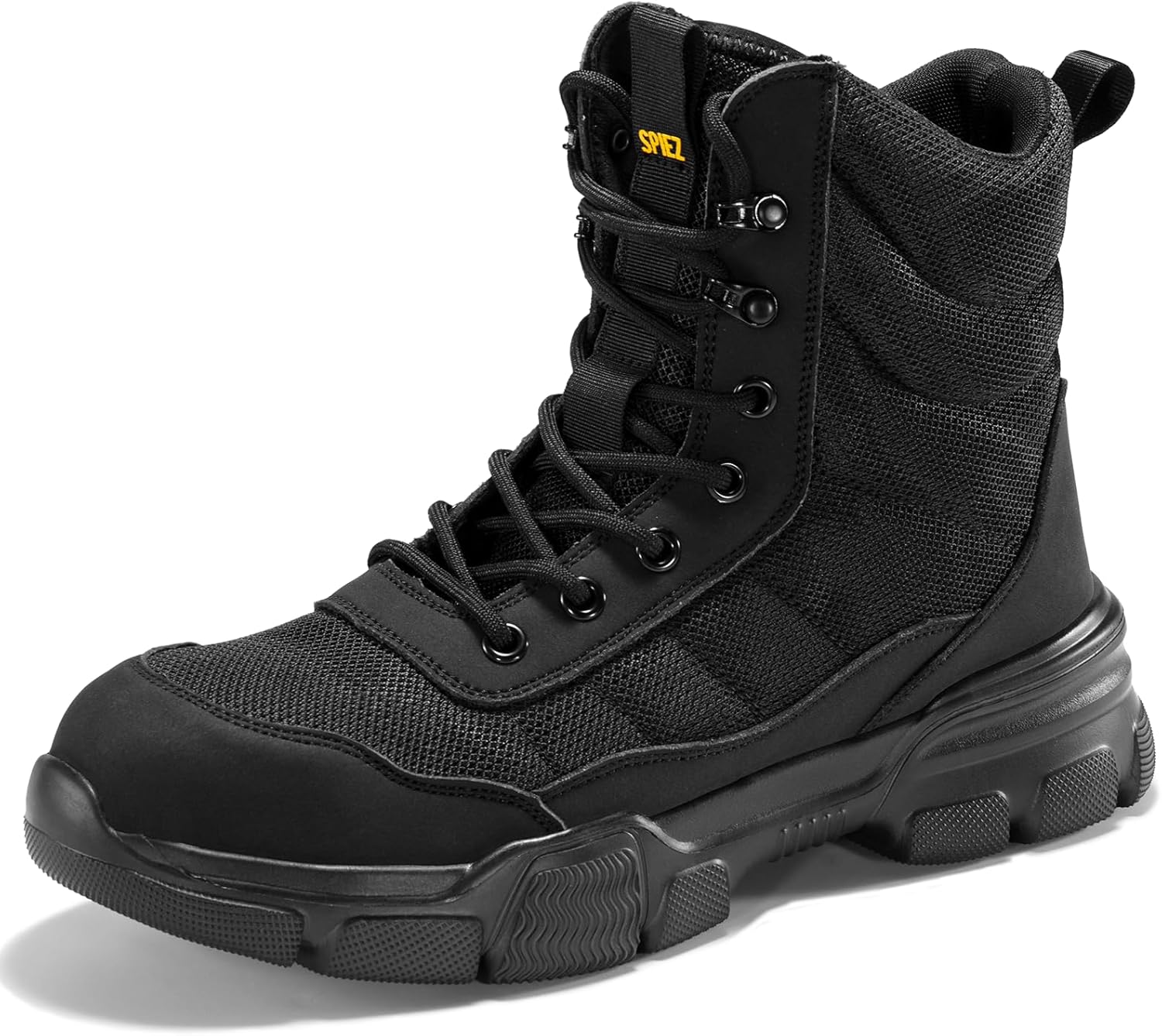 SPIEZ Men’s Steel Toe Cap Safety Boots Lightweight Puncture Proof Work Trainers with Side-Zipper, Slip-Resistant Sole, Black High Top Protective Footwear