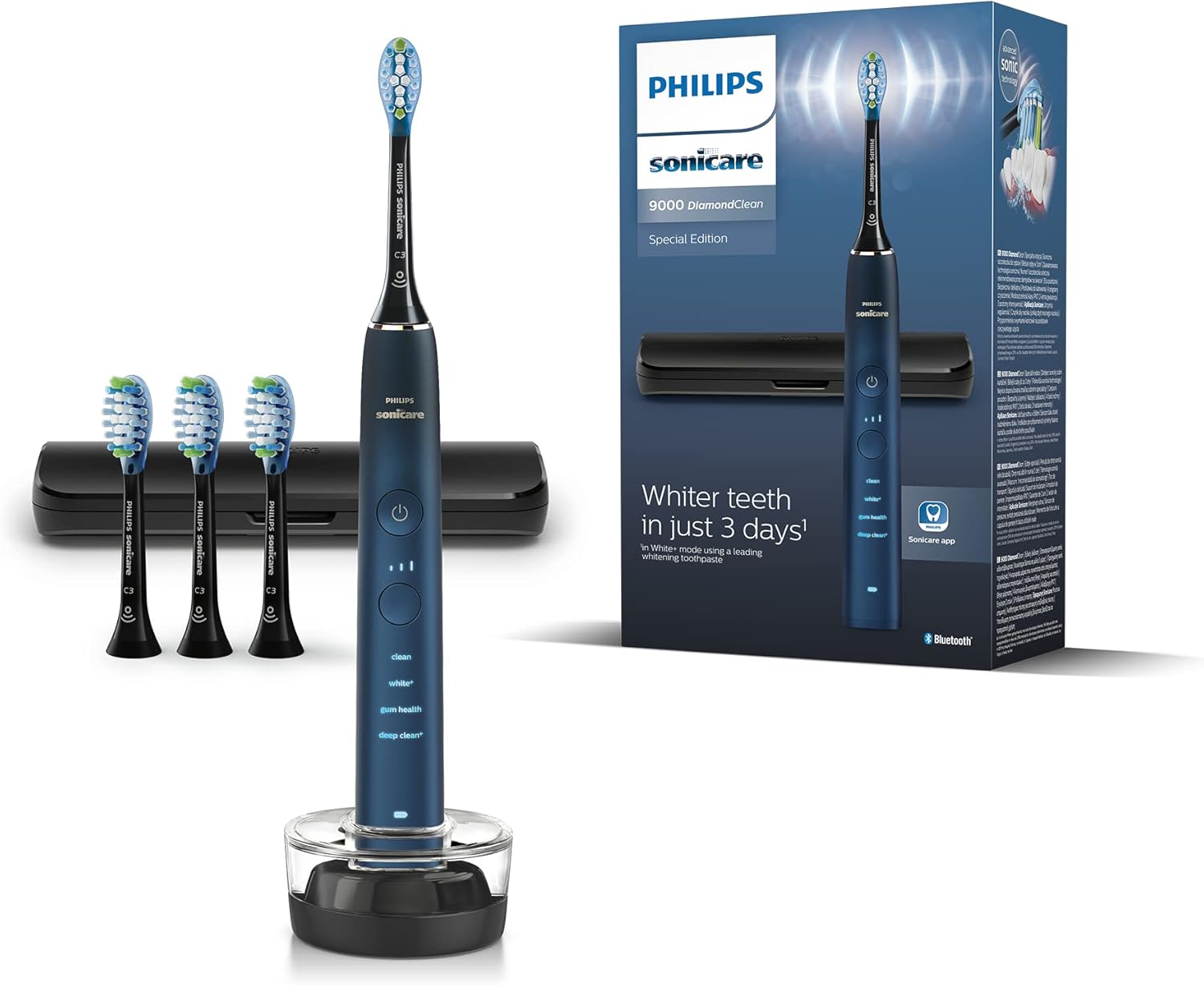 Philips Sonicare DiamondClean 9000 Series Electric Toothbrush, Sonic Toothbrush, Cleaner Teeth and Oral Care, Blue, with 4 x C3 Premium Plaque Defense Brush Heads (Model HX9911/89), 5 Piece Set