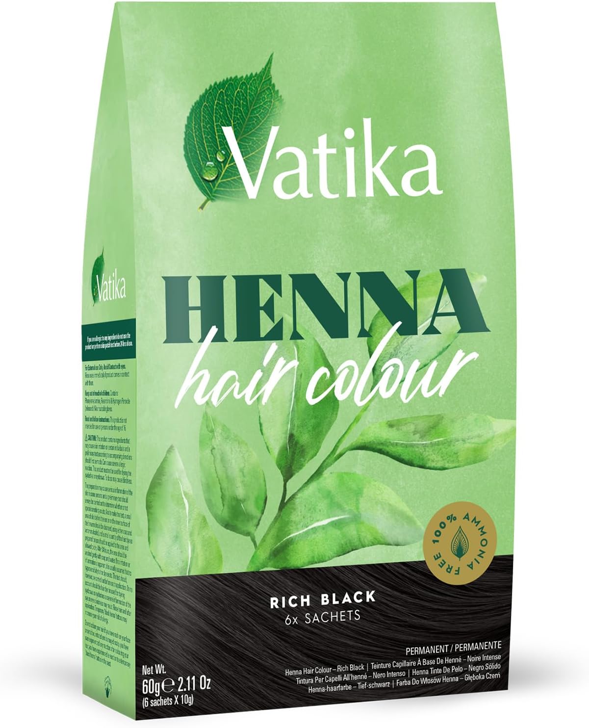 Vatika Henna Rich Black Hair Colour - 60g (6 x 10g Sachets), 100% Ammonia Free, For Vibrant Color, Shine, & Coverage (Packaging May Vary)