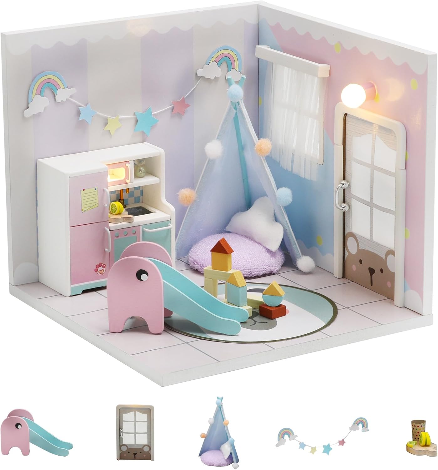 Kisoy Dollhouse Miniature with Furniture Kit, DIY 3D Wooden DIY House Kit A Corner of a Small Apartment Style with Dust Cover & LED,Handmade Tiny House Toys for Kids Adults Gift (Toy Room)