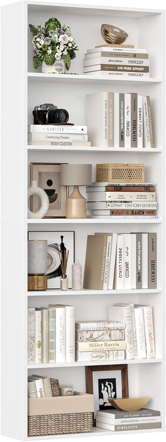 FirFurd Bookcase 6 Tiers Bookshelf White Tall Bookcase with Open Storage Shelf Freestanding Shelving Unit for Living Room Home Office 60x23.5x180cm