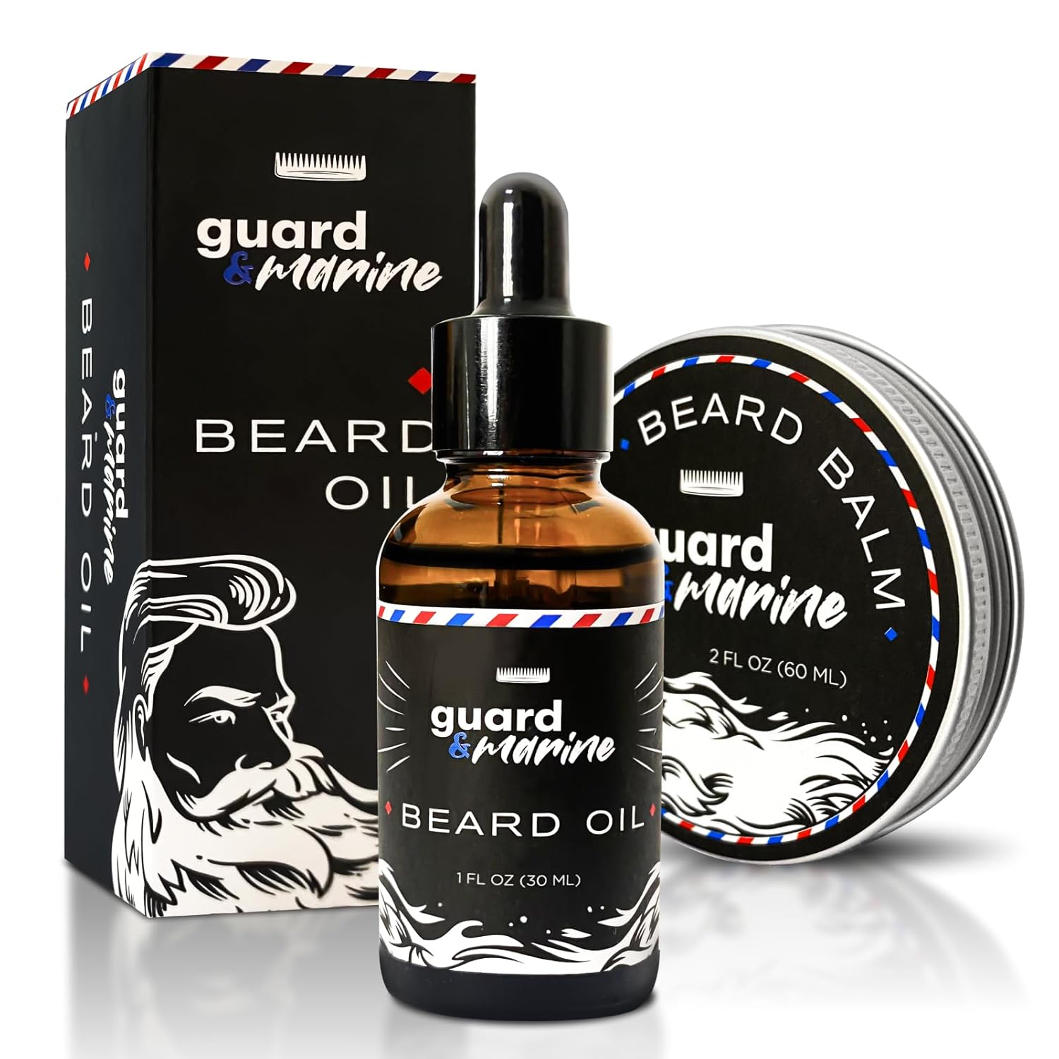 GUARD&MARINE Beard Oil and Balm Set - Men’s Beard and Mustache Care Kit for Growth, Styling, Conditioning, and Uncented Grooming