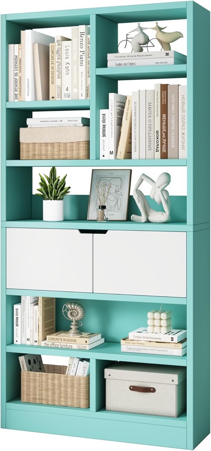 Wooden Book Shelf - Open Shelf Bookcase, Freestanding Display Storage Cabinet Organizer with Cubes and 2 Doors Cabinet, Floor Standing Bookshelf Display Rack Bookcases (61" H, Tiffany Green)